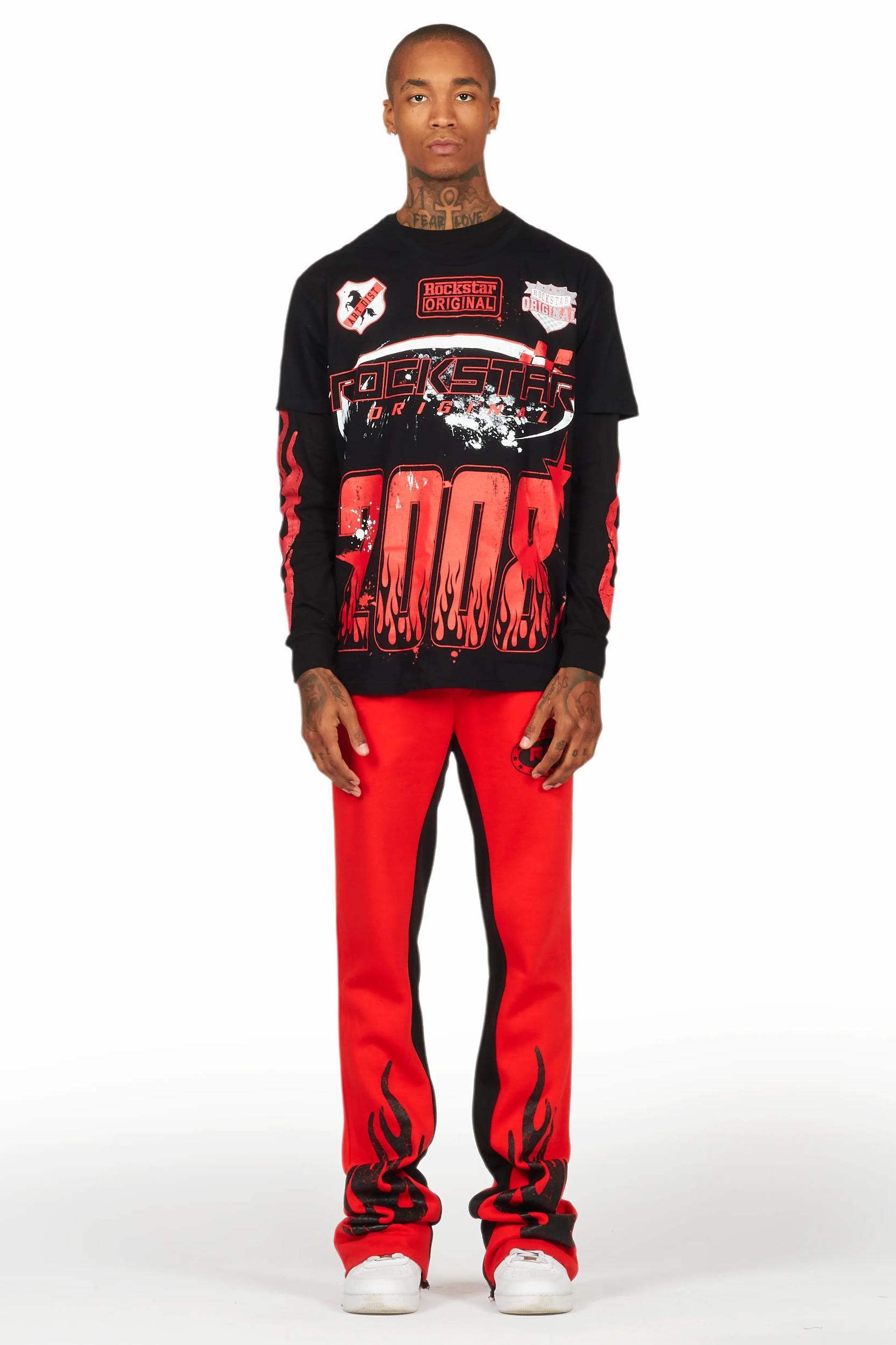 Amos Black/Red Double Layer T-Shirt/Stacked Baggy Pant Set Male Product Image