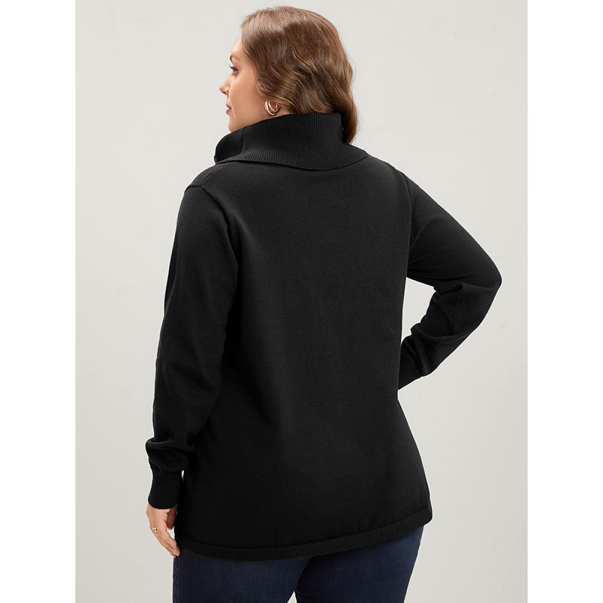 Plus Size Solid Super Soft Knit Tie Funnel Neck Knit Top Black Women Elegant Long Sleeve Turtleneck Dailywear Pullovers BloomChic 26/4X Product Image