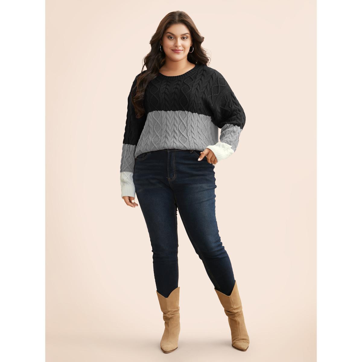 Plus Size Contrast Cable Knit Arc Hem Pullover Black Women Casual Loose Long Sleeve Round Neck Everyday Pullovers BloomChic 12/L Product Image
