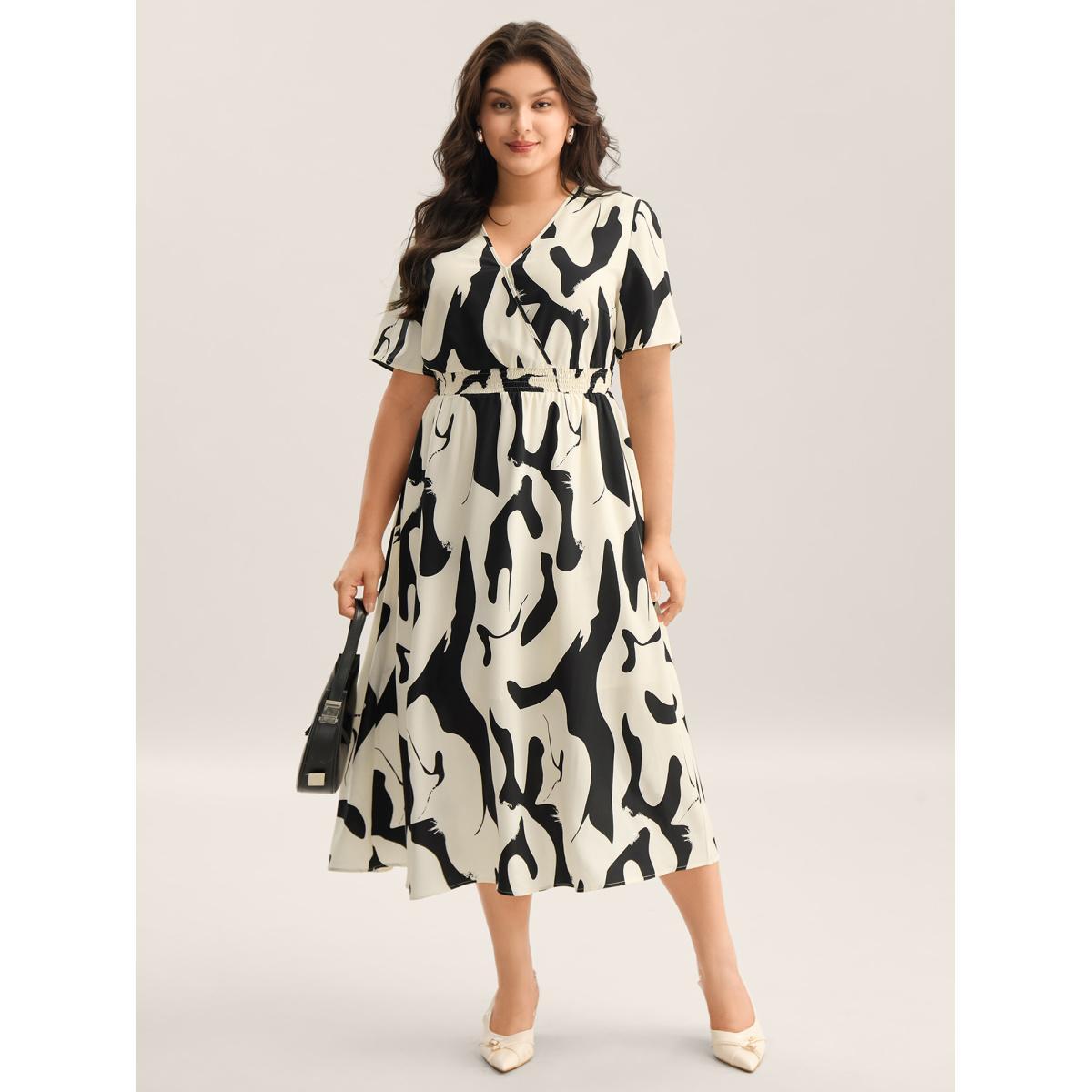 Plus Size Geometric Print Surplice Neck Midi Dress Black Women Overlap Collar Short sleeve Curvy BloomChic 22-24/3X Product Image