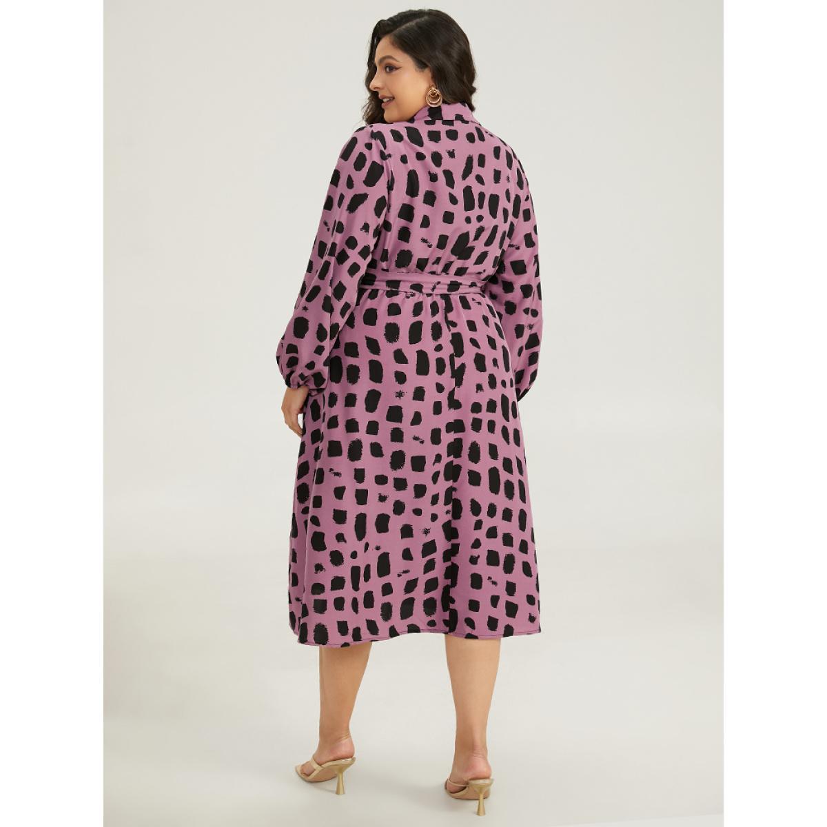 Plus Size Shirt Collar Brush Print Belted Dress Mauve Women Office Belted Shirt collar Long Sleeve Curvy Midi Dress BloomChic 18-20/2X Product Image