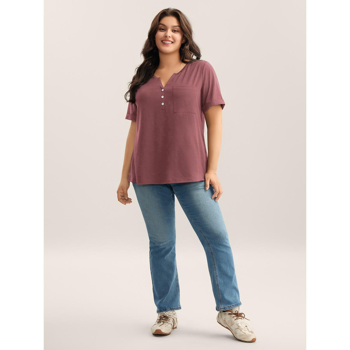 Plus Size Solid Split Neck Button Detail T-Shirt Plum Women Button Notched collar Everyday-Casual T-shirts BloomChic 12/L Product Image