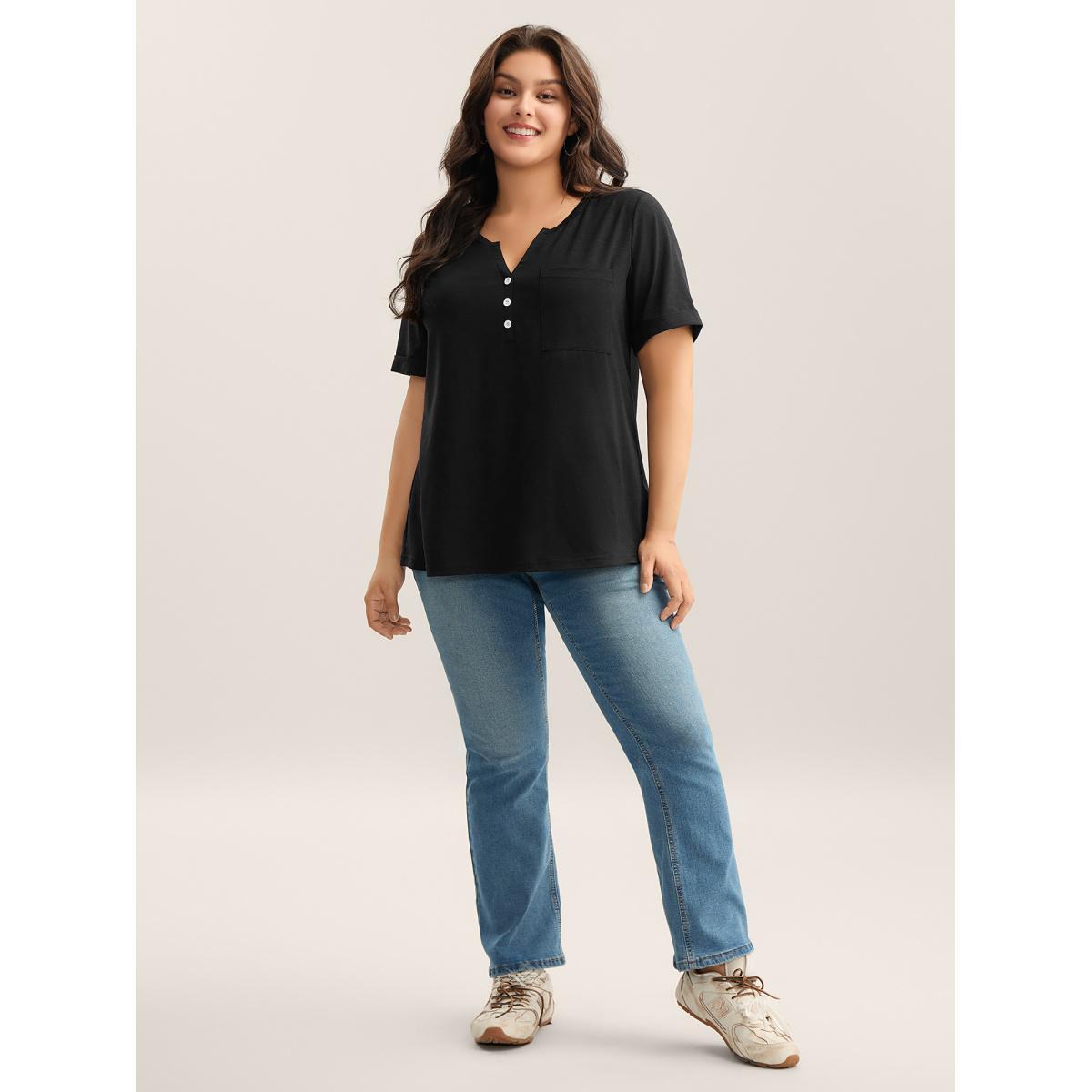 Plus Size Solid Split Neck Button Detail T-Shirt Black Women Button Notched collar Everyday-Casual T-shirts BloomChic 12/L Product Image