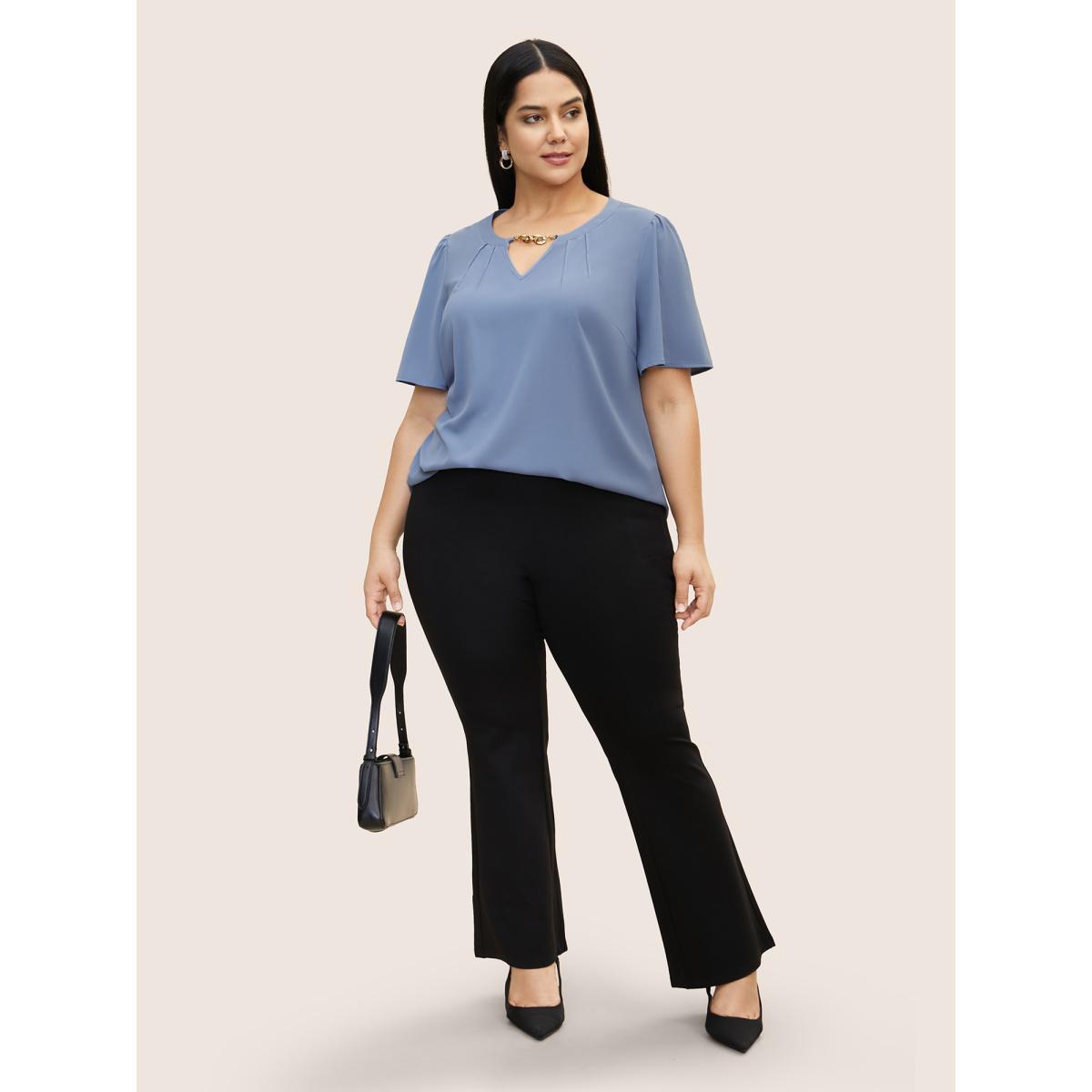 Plus Size Stone Keyhole Metal Chain Detail Ruffle Sleeve Blouse Women Work From Home Short sleeve Round Neck Work Blouses BloomChic 28/5X Product Image