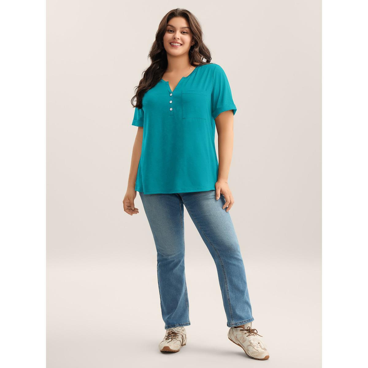 Plus Size Solid Split Neck Button Detail T-Shirt Cerulean Women Button Notched collar Everyday-Casual T-shirts BloomChic 28/5X Product Image
