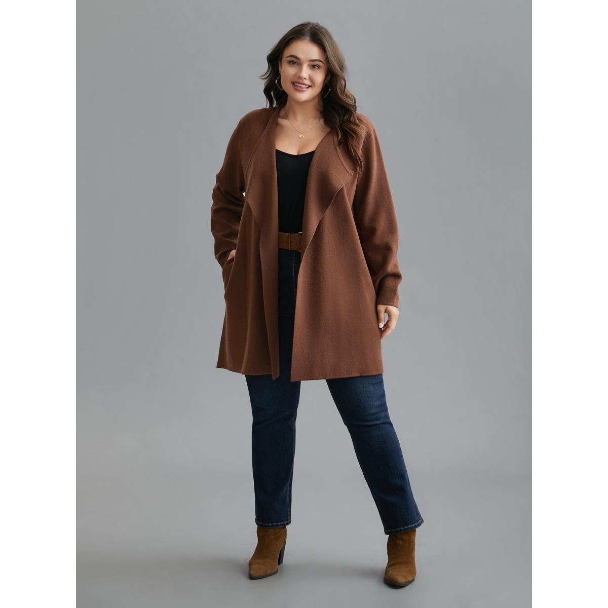 Plus Size Supersoft Essentials Side Pocket Collared Knit Cardigan Browncoffeecolor Women Casual Loose Long Sleeve Everyday Cardigans BloomChic 22-24/3X Product Image