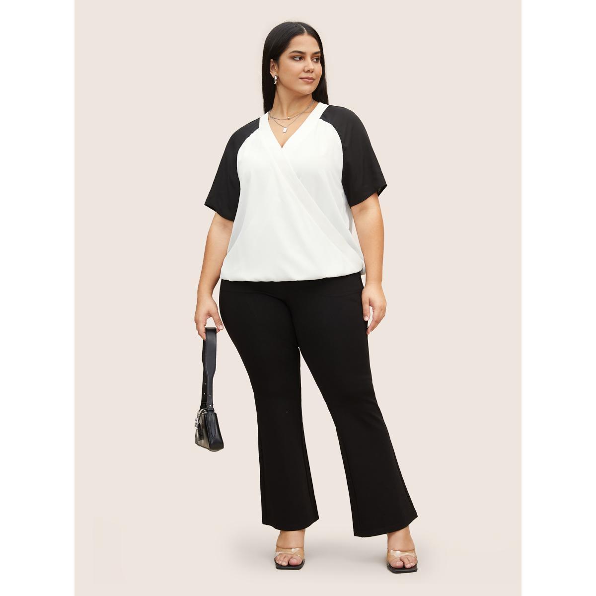 Plus Size White Two Tone Wrap Raglan Sleeve Blouse Women At the Office Short sleeve Overlap Collar Work Blouses BloomChic 22-24/3X Product Image