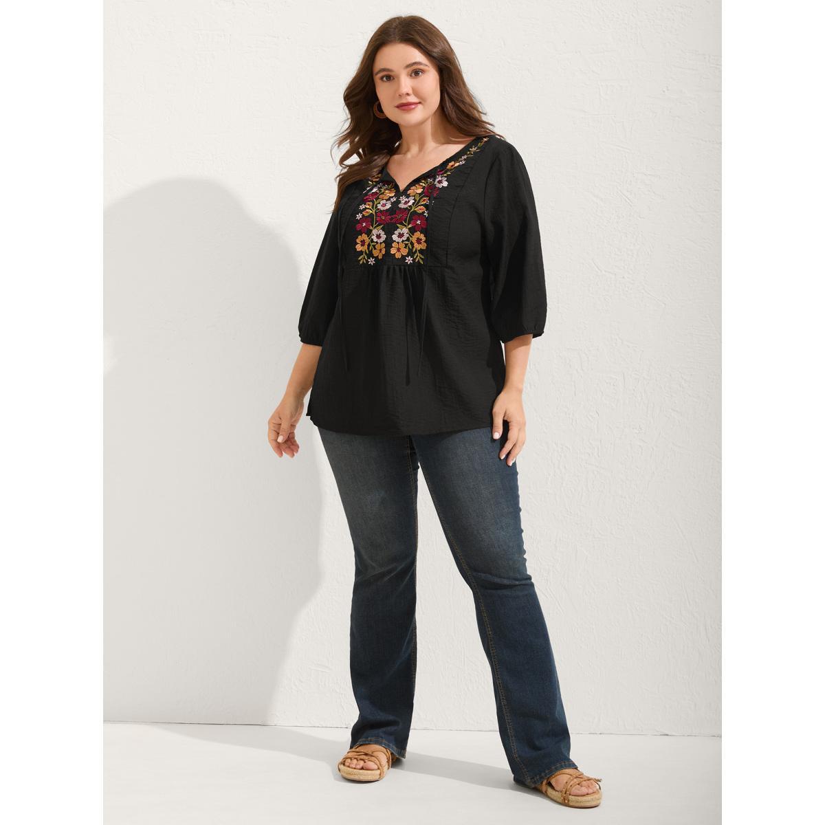 Plus Size Black Floral Embroidered Tie Knot Lantern Sleeve Blouse Women Resort Elbow-length sleeve V-neck Vacation Blouses BloomChic 18-20/2X Product Image