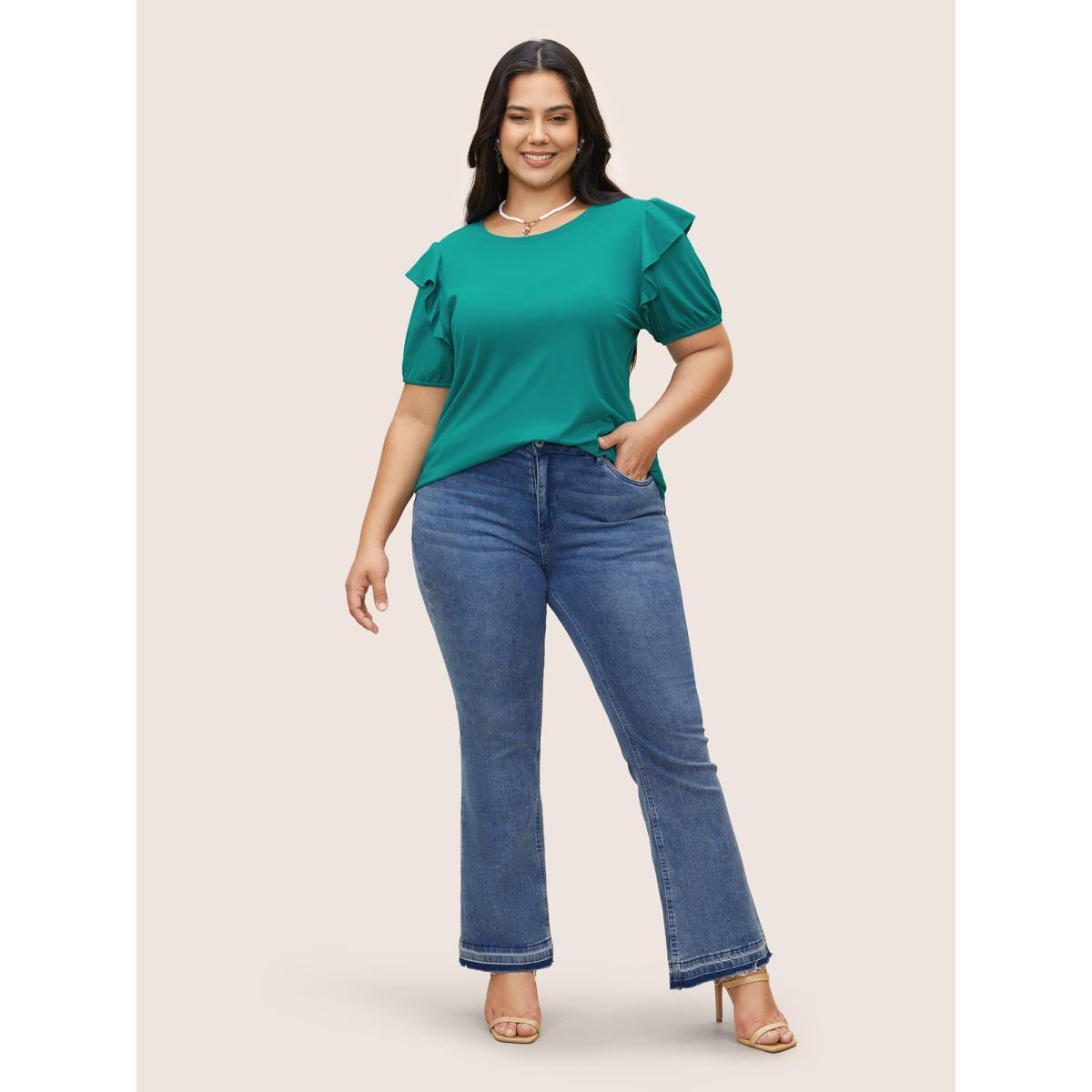 Plus Size Solid Lantern Sleeve Ruffle Trim T-shirt Emerald Women Elegant Ruffles Round Neck Everyday T-shirts BloomChic 18-20/2X Product Image