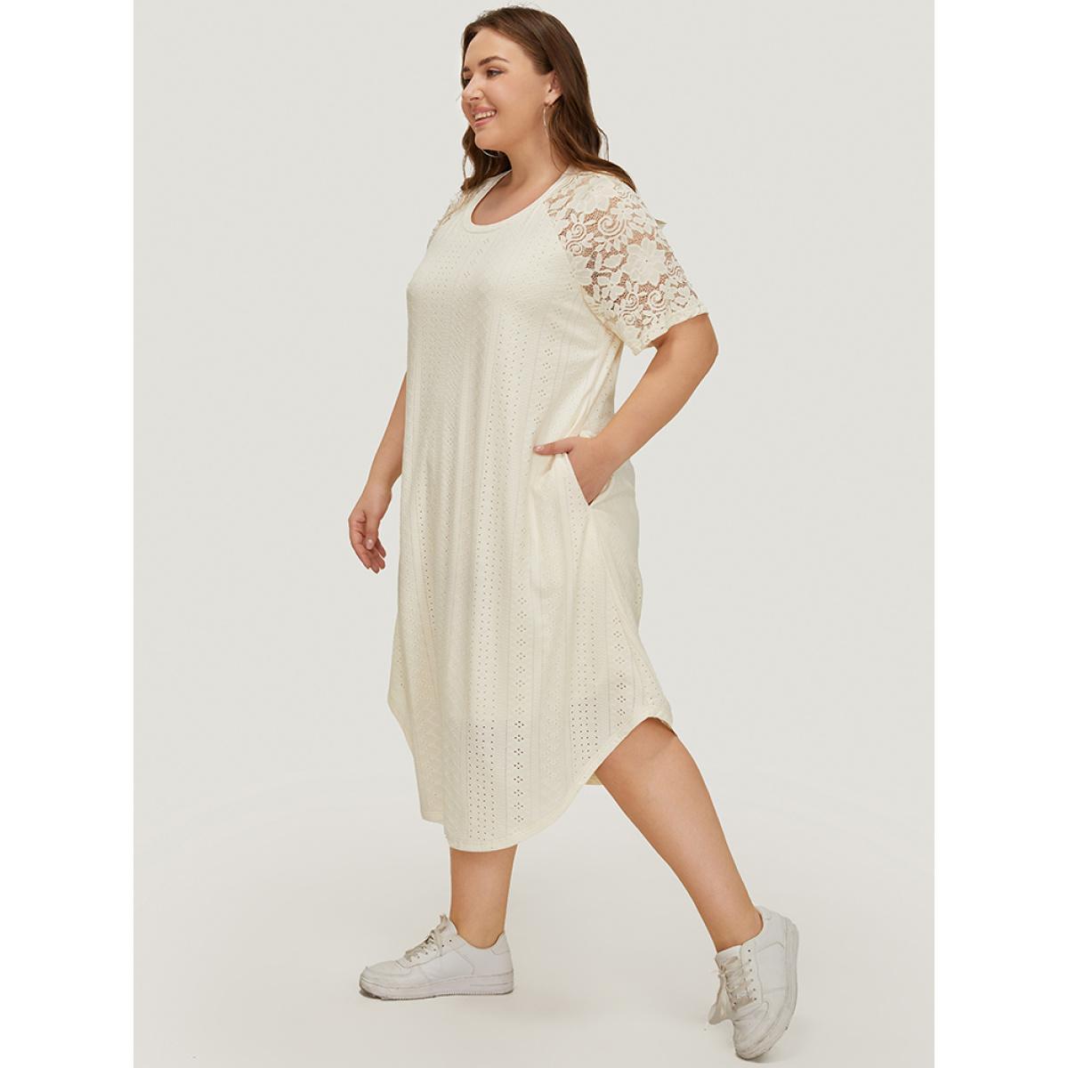 Plus Size Plain Lace Sleeve Pocket Arc Hem Broderie Anglaise Dress Beige Women Casual Lined Round Neck Short sleeve Curvy Midi Dress BloomChic 14-16/1X Product Image
