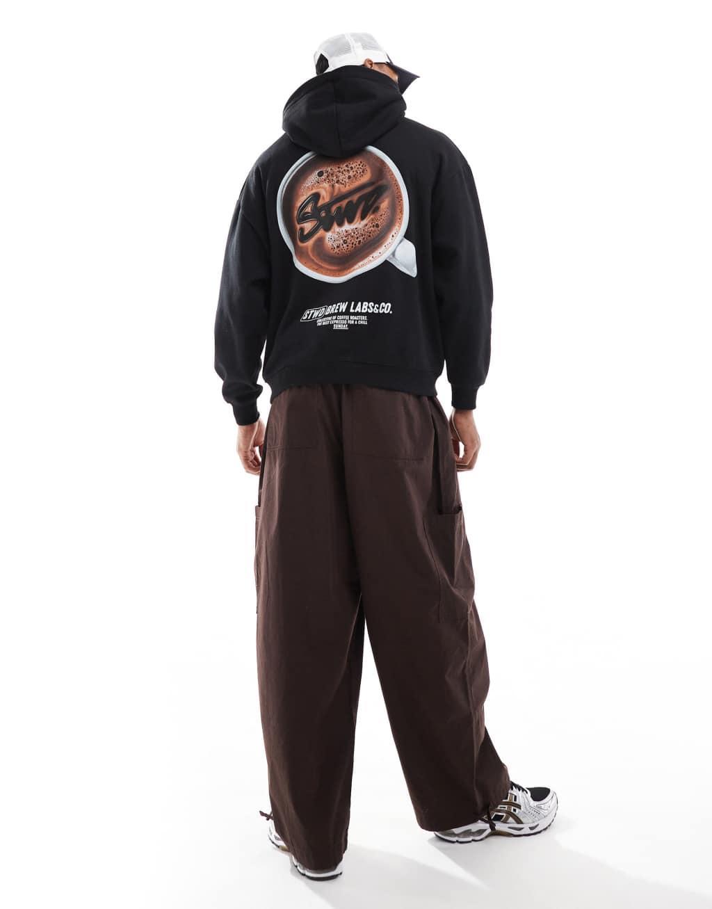 Pull&Bear STWD coffee hoodie in black Product Image