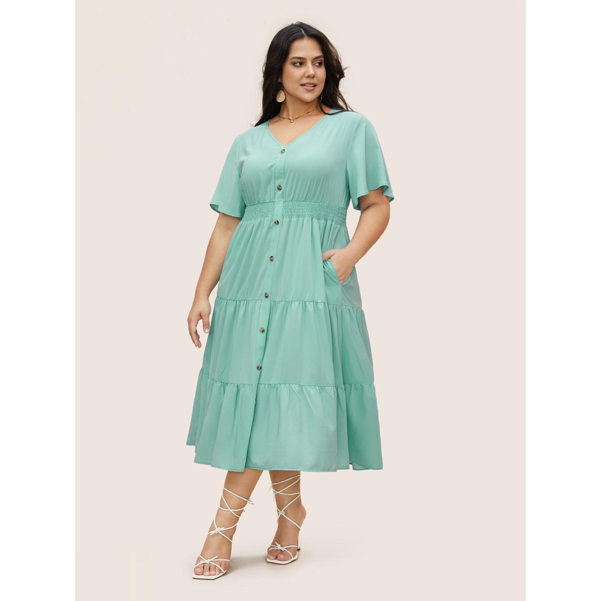 Plus Size V Neck Shirred Ruffle Layered Hem Dress Mint Women Elegant Pleated V-neck Short sleeve Curvy BloomChic 14-16/1X Product Image