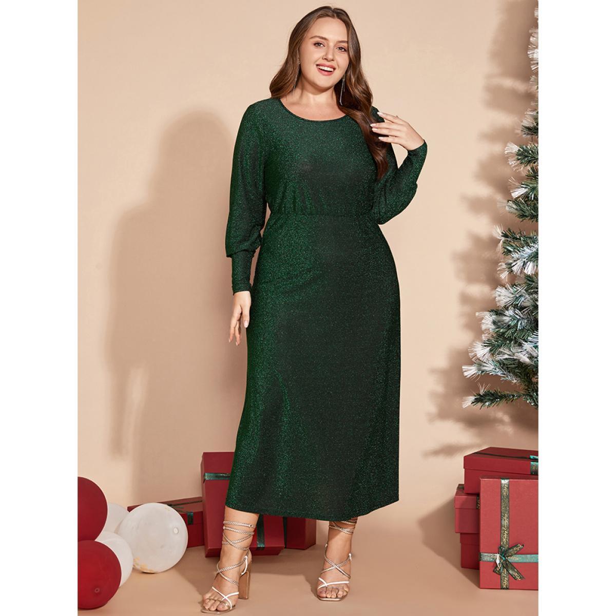 Plus Size Solid Round Neck Split Hem Glitter Dress Emerald Women Party Arc Hem Round Neck Long Sleeve Curvy Midi Dress BloomChic 12/L Product Image