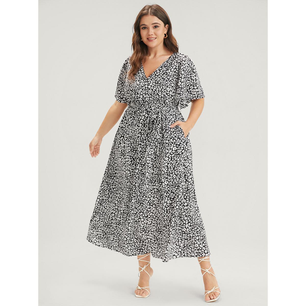 Plus Size Floral Knotted Pocket Flutter Button Wrap Dress BlackFlower Women Elegant Belted V-neck Short sleeve Curvy Midi Dress BloomChic 18-20/2X Product Image