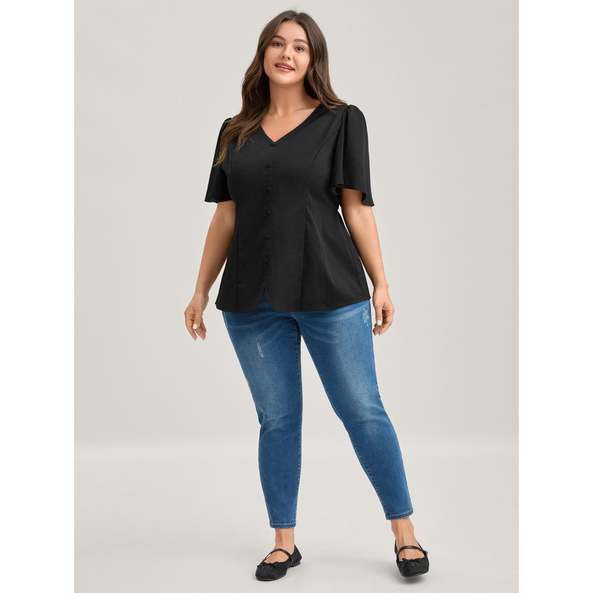Plus Size Black Cinched Flared Waist Button Detail Blouse Women Short sleeve V-neck Everyday-Casual Blouses BloomChic 12/L Product Image