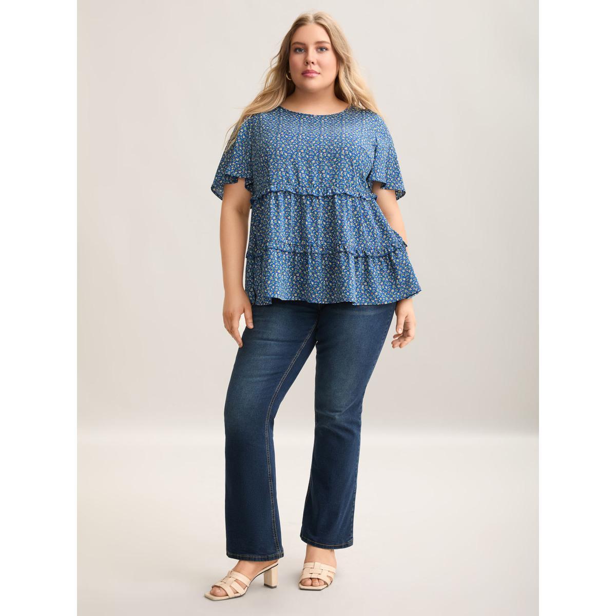 Plus Size Mediumblue Ditsy Floral Print Ruffled Tiered Blouse Women Elegant Short sleeve Round Neck Everyday Blouses BloomChic 22-24/3X Product Image