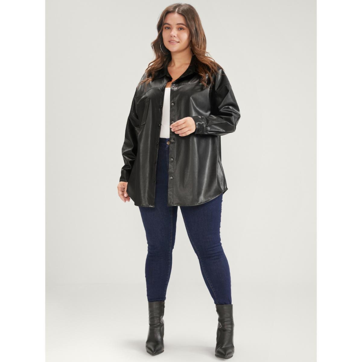 Plus Size PU Leather Pocket Button Up Coat Women Black Casual Button Ladies Dailywear Winter Coats BloomChic 22-24/3X Product Image