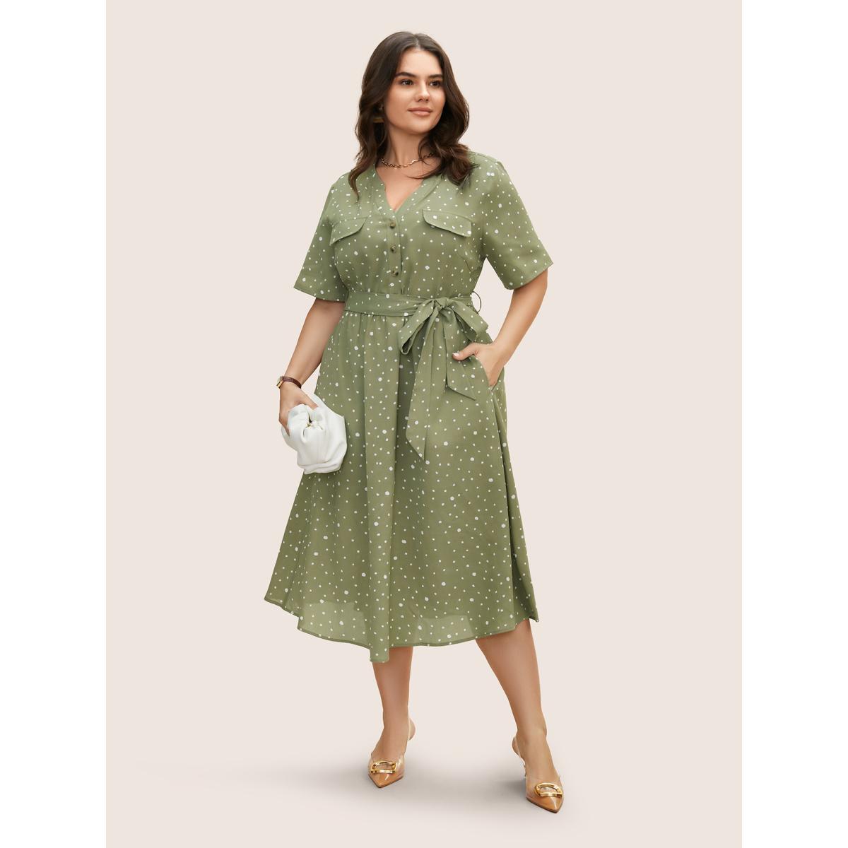Plus Size Notched Collar Polka Dot Button Up Dress Sage Women At the Office Belted Notched collar Short sleeve Curvy BloomChic 30/6X Product Image
