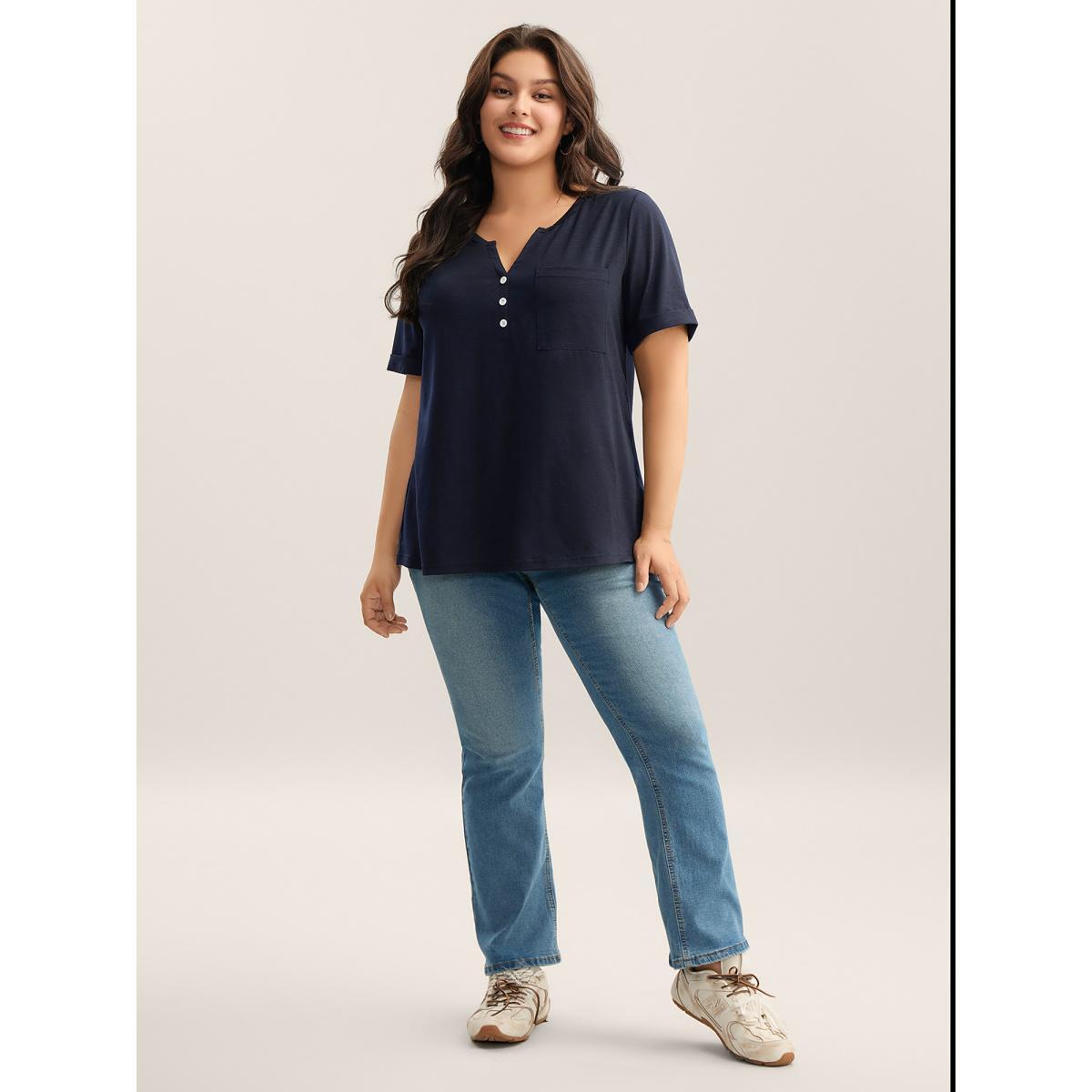 Plus Size Solid Split Neck Button Detail T-Shirt Indigo Women Button Notched collar Everyday-Casual T-shirts BloomChic 12/L Product Image