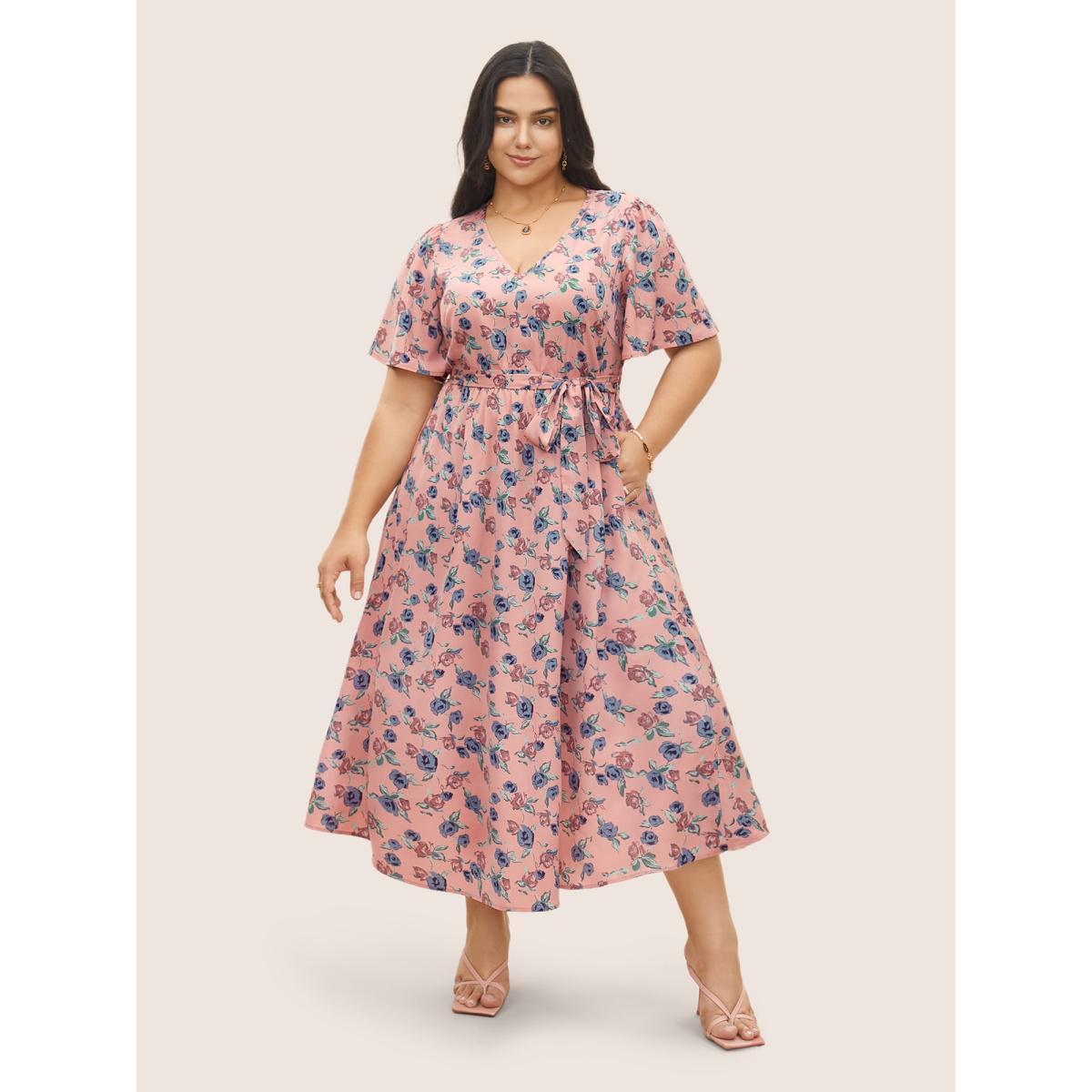 Plus Size Floral Print V Neck Pleated Belted Dress Rouge Women Elegant Non V-neck Short sleeve Curvy Midi Dress BloomChic 28/5X Product Image