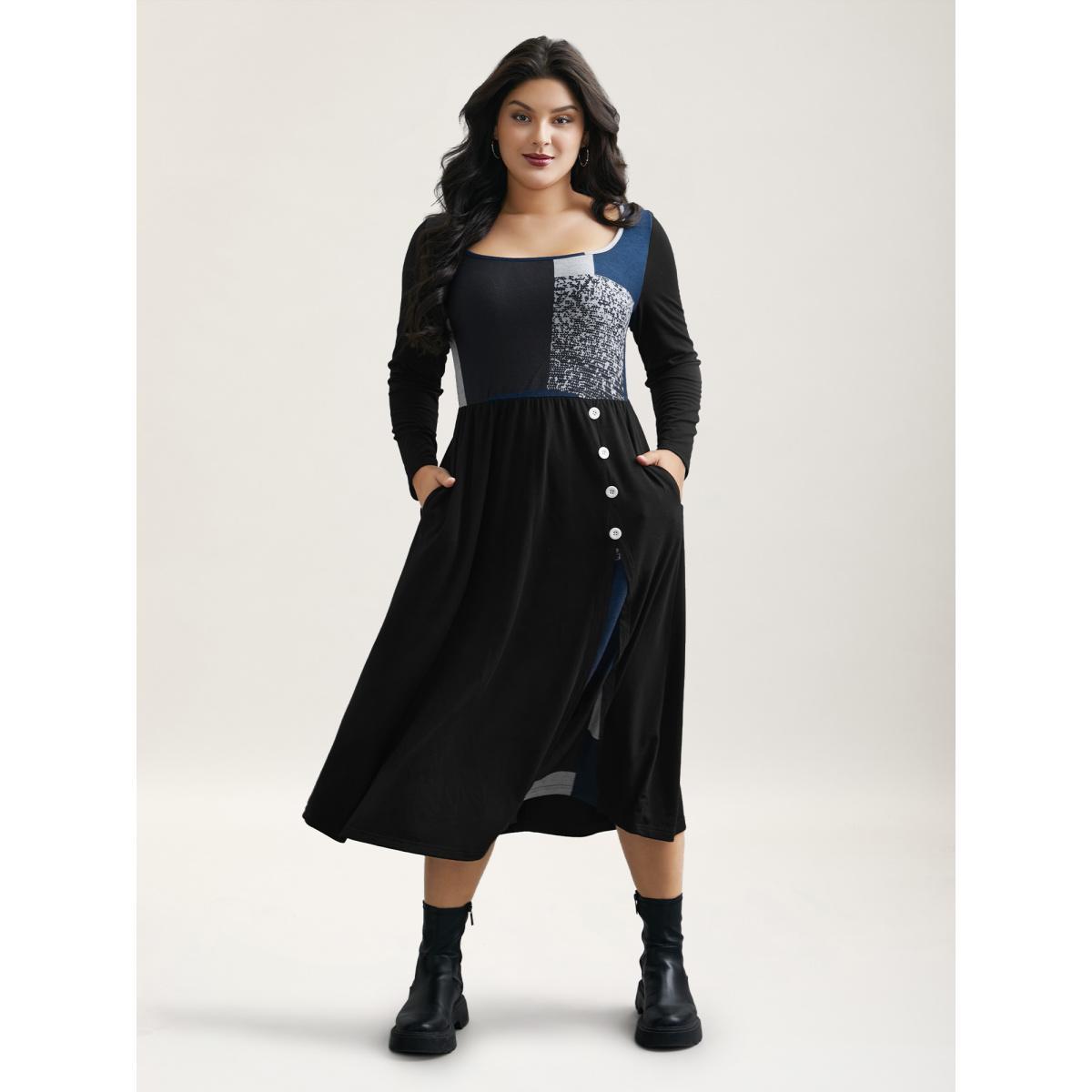 Plus Size Geometric Color-Block Stretchy Waist Midi Dress Black Women Casual Contrast Knit Dresses Bloomchic 14-16/1X Product Image