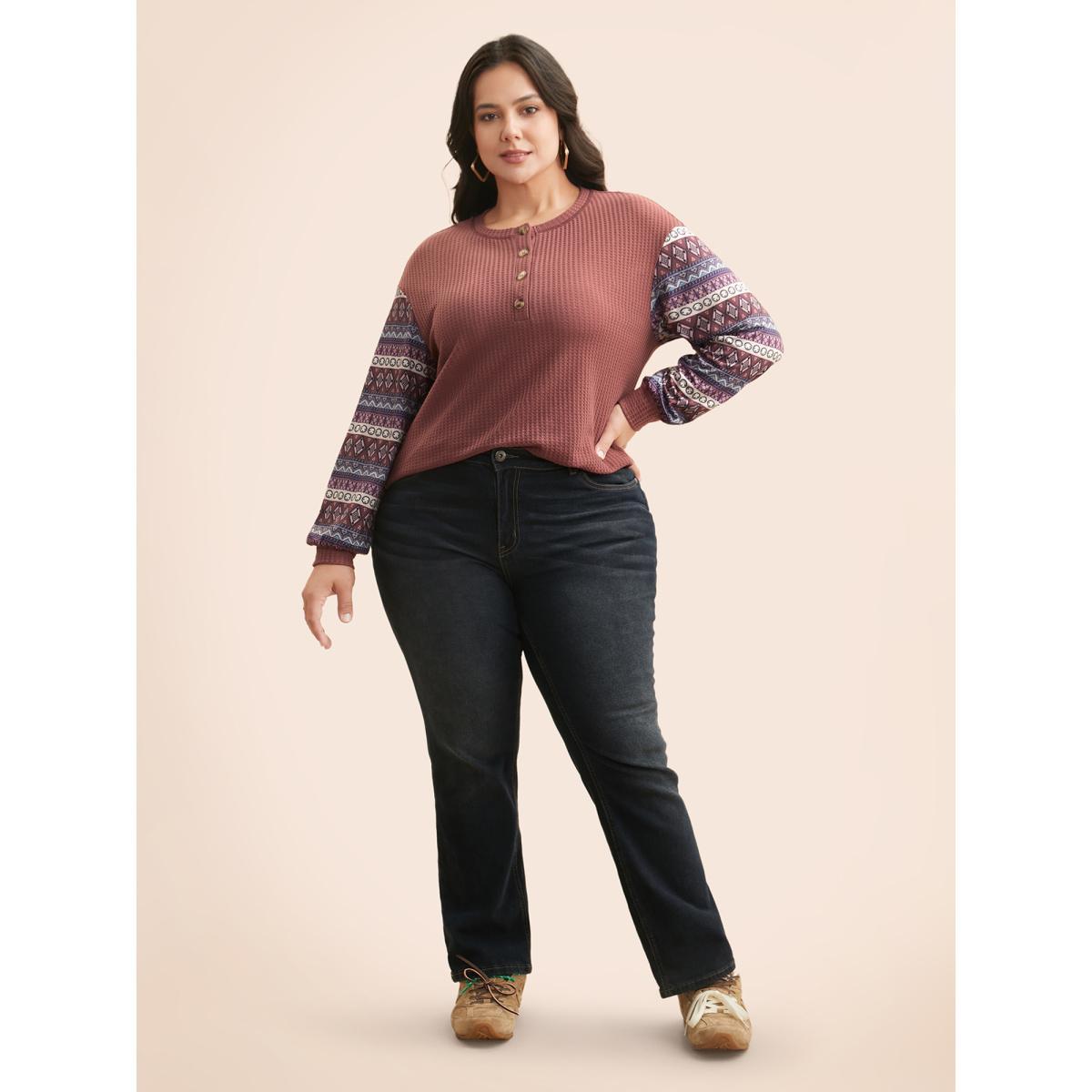 Plus Size Boho Print Patchwork Waffle Knit T-shirt DustyPink Women Casual Texture Round Neck Everyday T-shirts BloomChic 14-16/1X Product Image