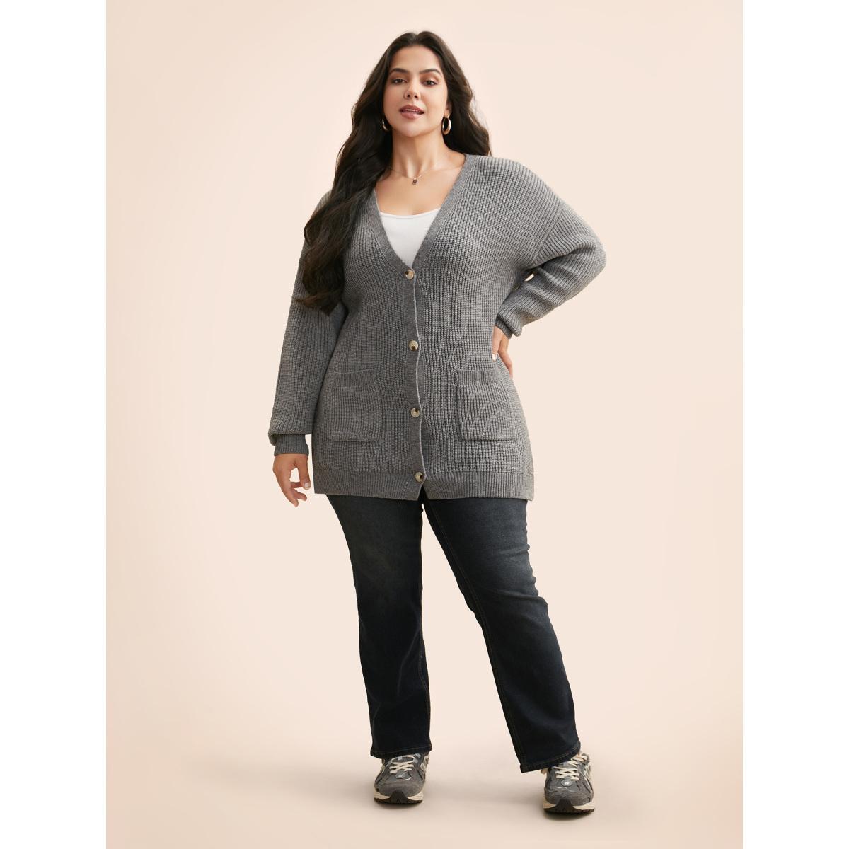Plus Size Supersoft Ribbed Drop Shoulder Wool Cardigan Mediumgray Women Casual Loose Long Sleeve Everyday Cardigans BloomChic 22-24/3X Product Image