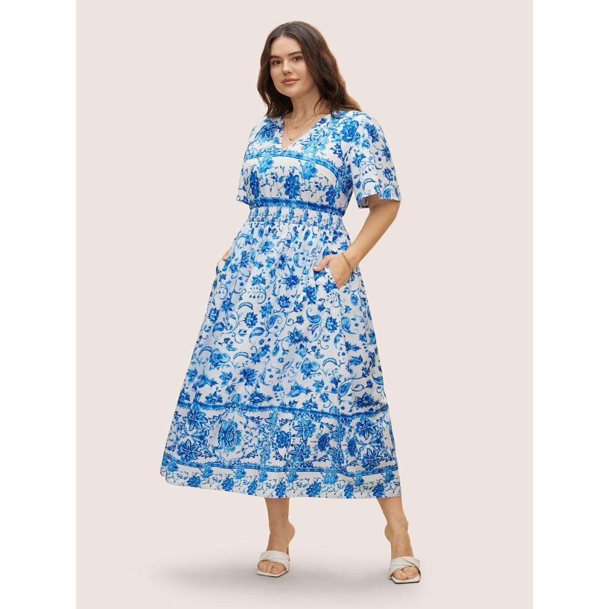 Plus Size Notched Collar Boho Print Shirred Dress Mediumblue Women Elegant Shirred Notched collar Short sleeve Curvy BloomChic 26/4X Product Image