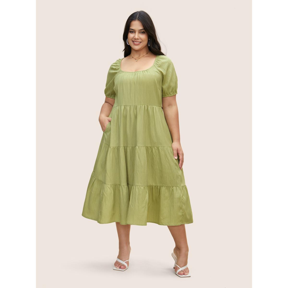 Plus Size Texture Gathered Ruffle Layered Hem Midi Dress Applegreen Women Resort Texture Square Neck Short sleeve Curvy BloomChic 12/L Product Image