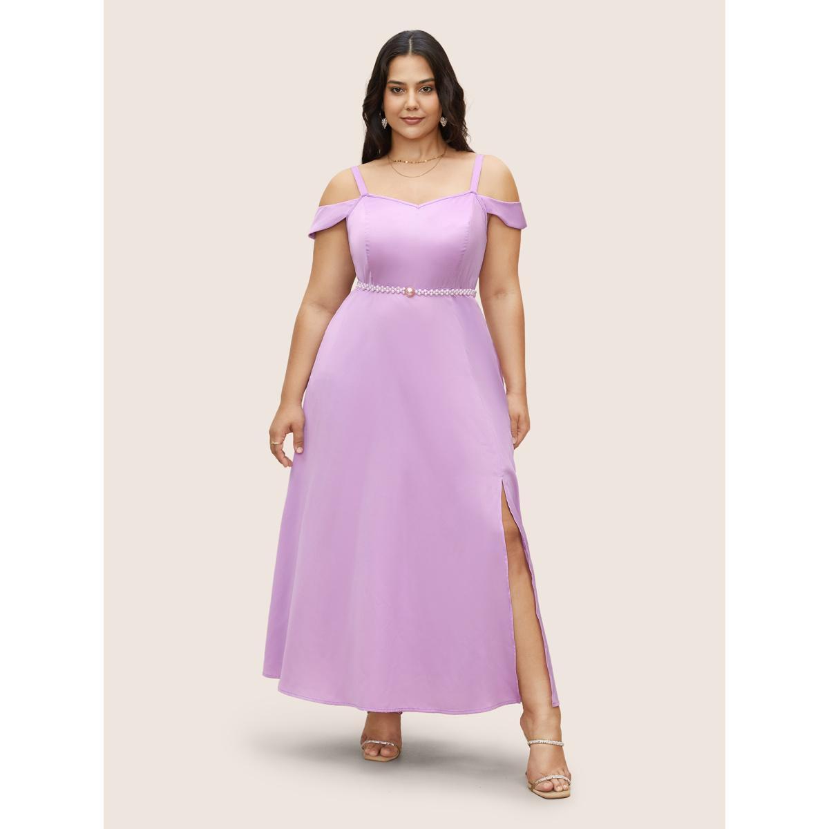 Plus Size Plain Cold Shoulder Split Front Pocket Dress Lilac Women Elegant V-neck Sleeveless Curvy BloomChic 30/6X Product Image