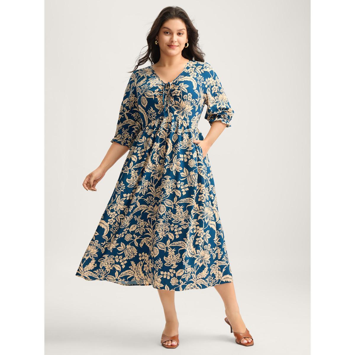 Plus Size Boho Floral Drawstring Pockets Midi Dress Mediumblue Women V-neck Elbow-length sleeve Curvy BloomChic 12/L Product Image
