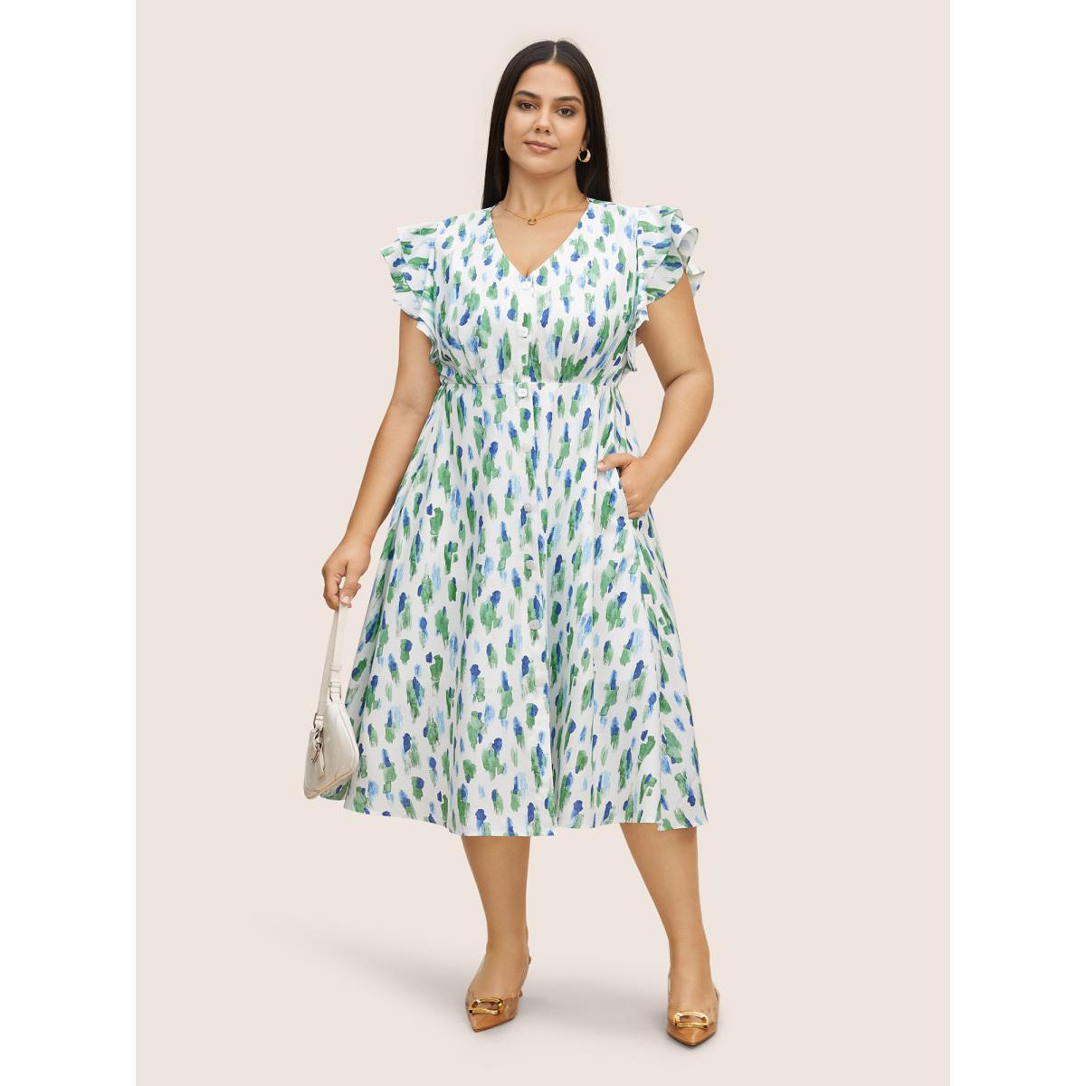 Plus Size Allover Print Tiered Ruffle Cap Sleeve Dress White Women At the Office Button V-neck Cap Sleeve Curvy BloomChic 26/4X Product Image