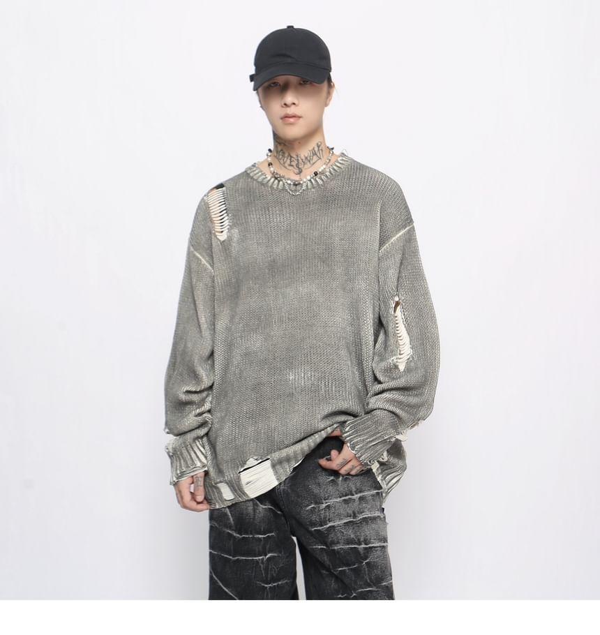 Crew Neck Tie Dye Distressed Sweater Product Image