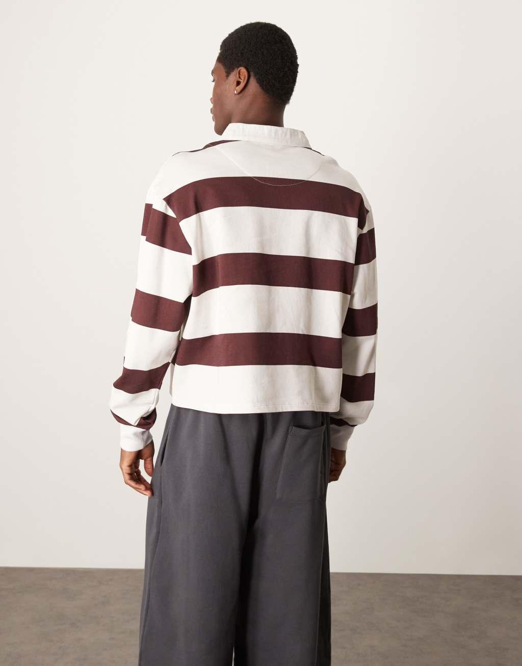 ASOS DESIGN oversized cropped rugby polo sweater in burgundy stripe Product Image