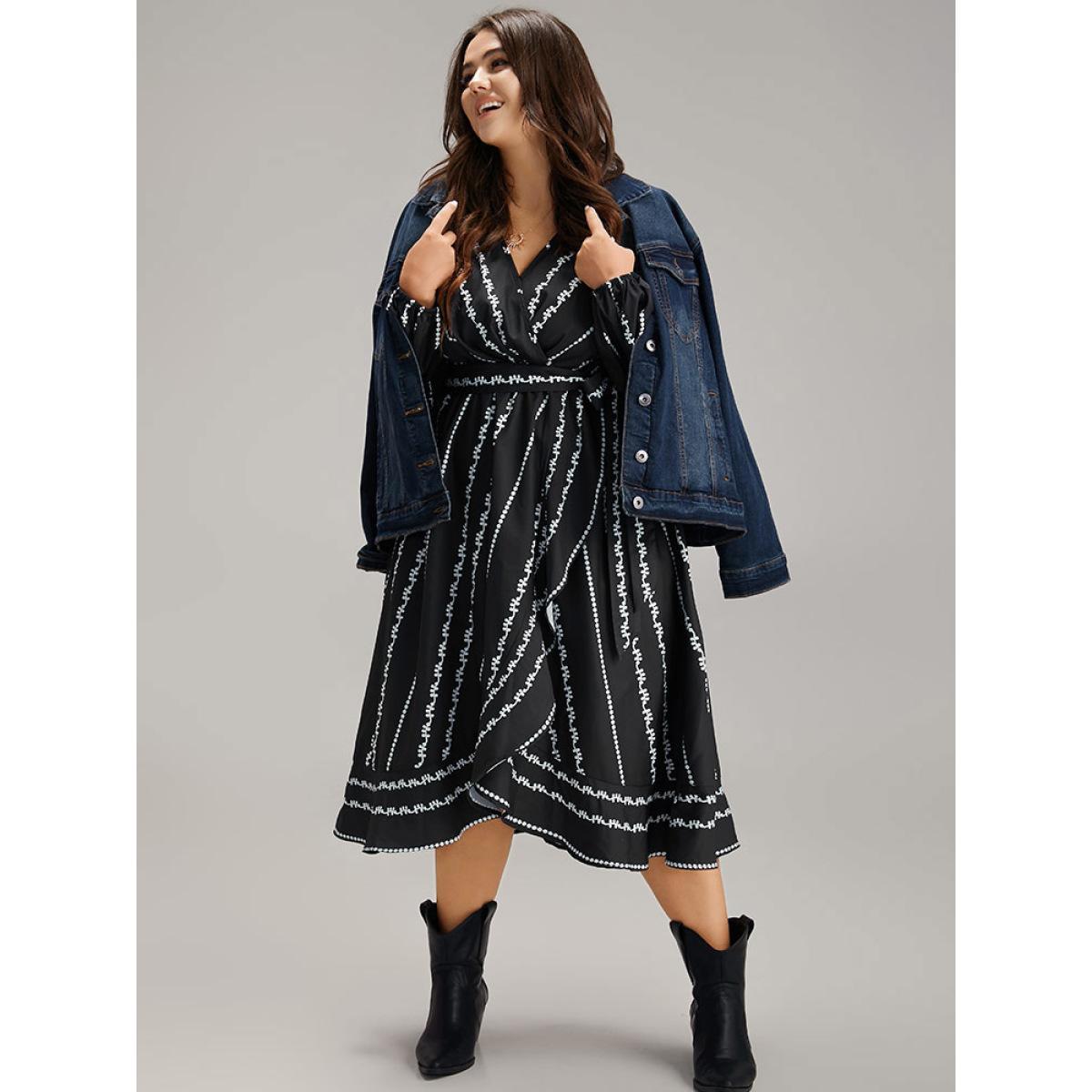 Plus Size Boho Print Striped Belted Wrap Pocket Dress Black Women Vacation Belted V-neck Long Sleeve Curvy Midi Dress BloomChic 12/L Product Image