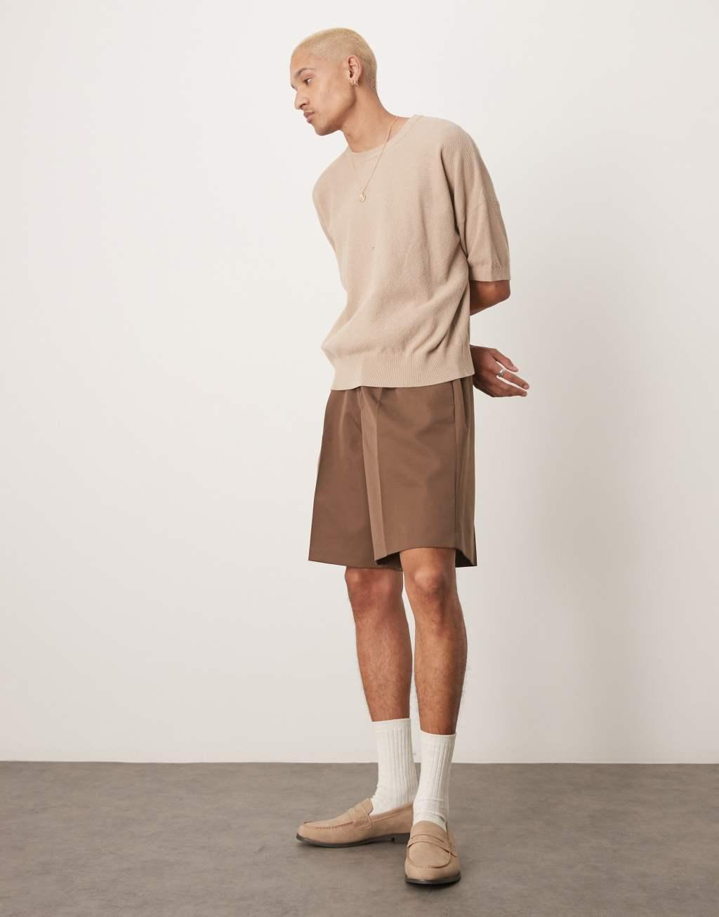 ASOS DESIGN oversized boxy fit knit pique textured t-shirt in stone Product Image