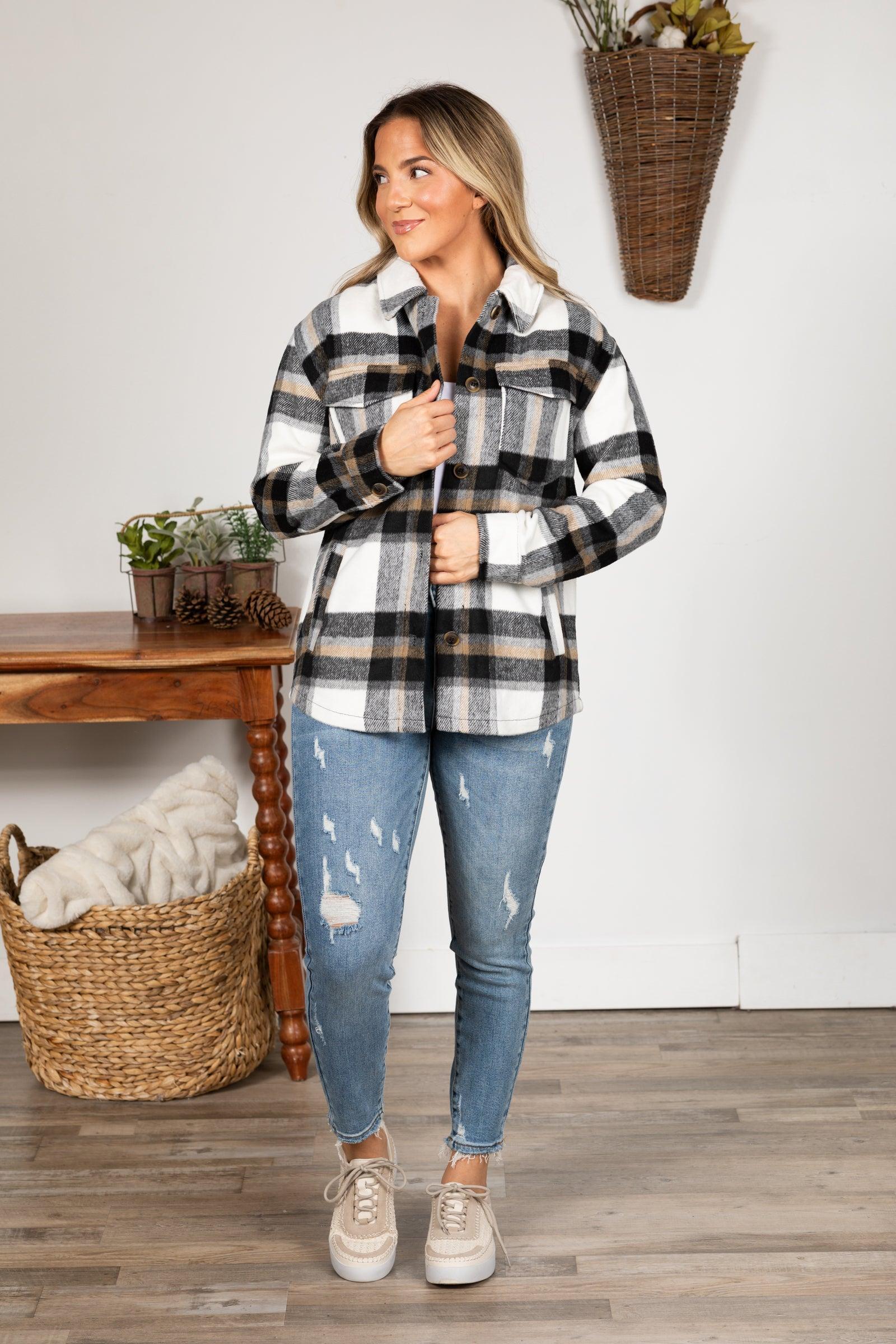 Plaid Button Up Shacket With Side Pockets Product Image