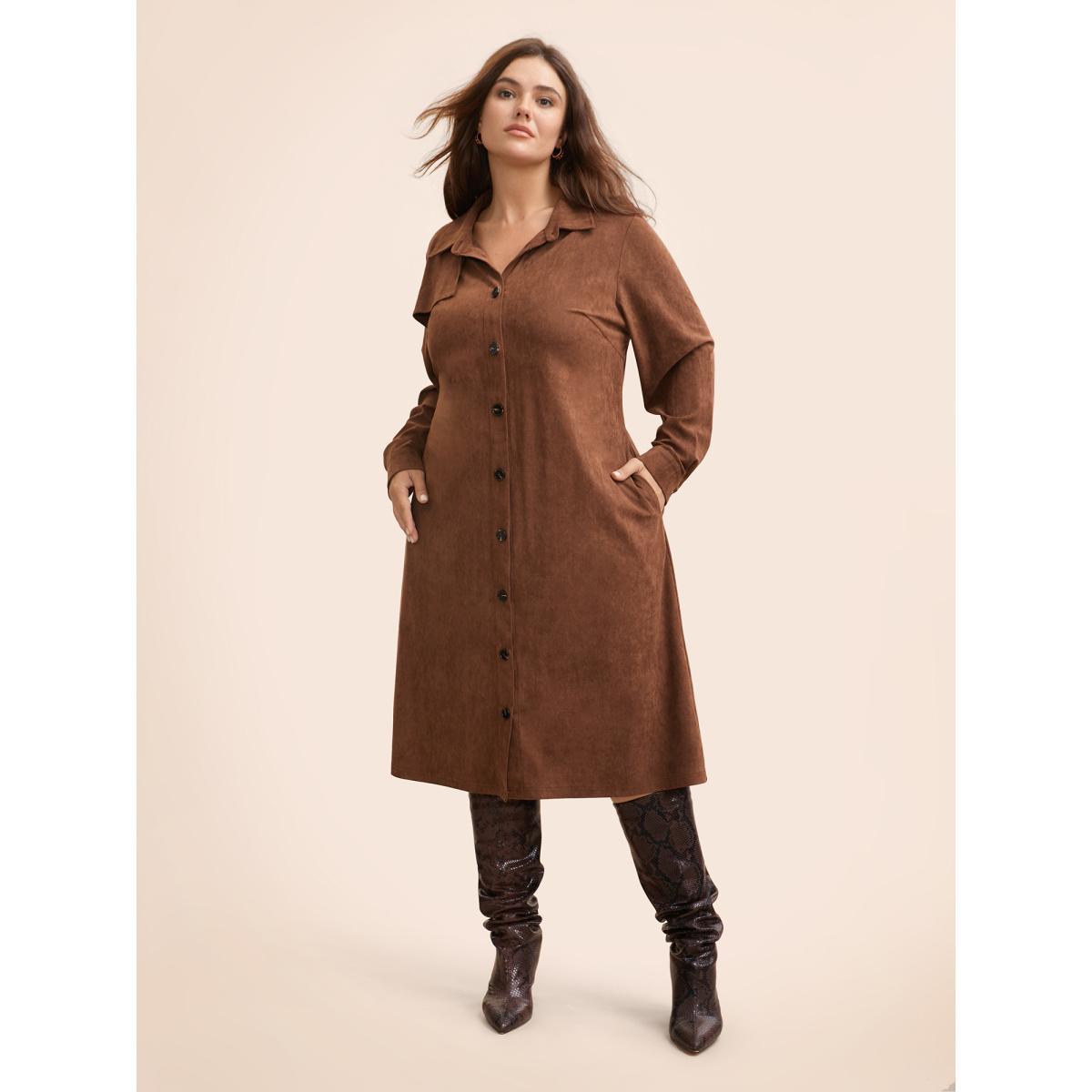 Plus Size Faux Suede Shirt Collar Midi Dress Browncoffeecolor Women Elegant Texture Shirt collar Long Sleeve Curvy BloomChic 12/L Product Image