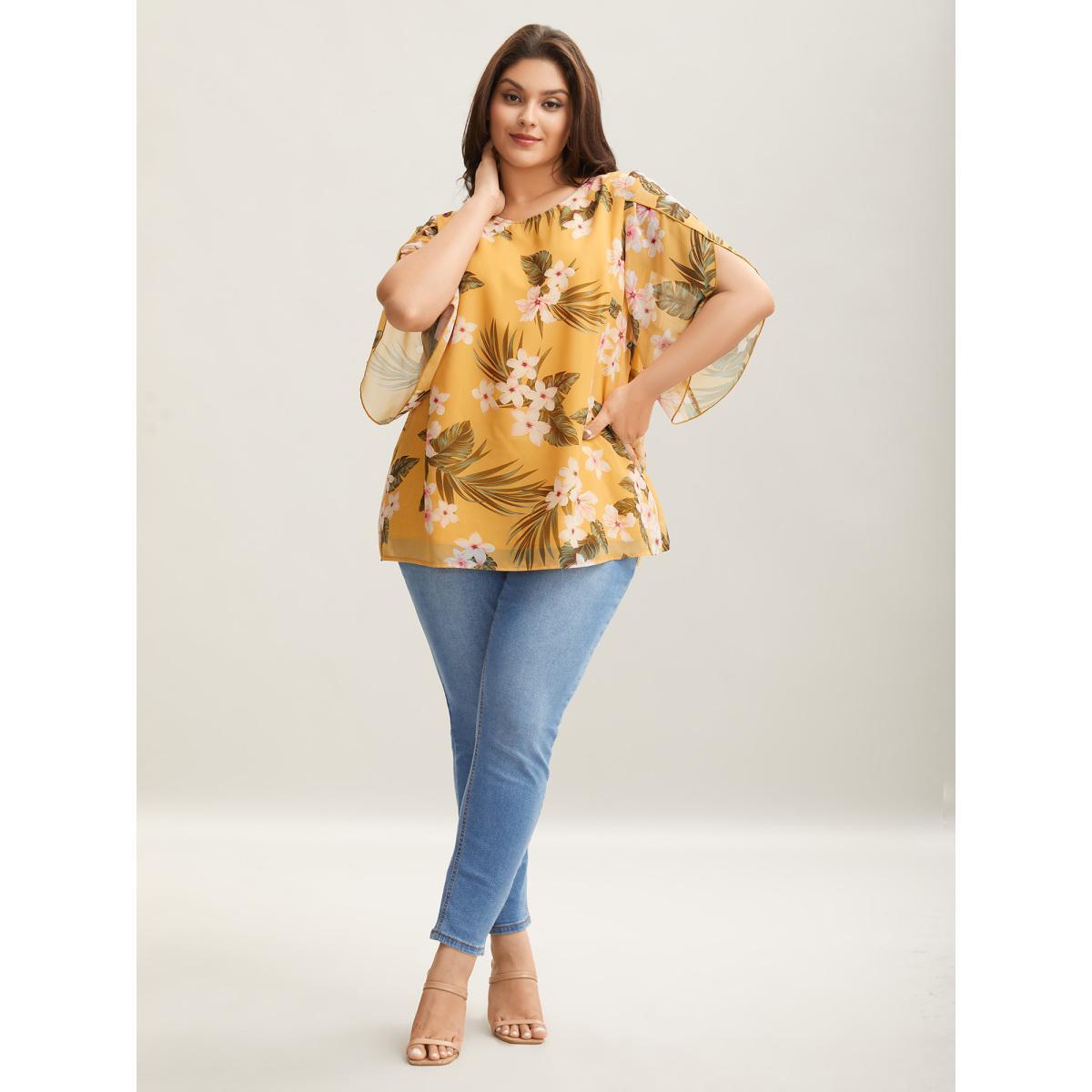 Plus Size Lemonyellow Petal Sleeve Floral Round Neck Shirt Women Elegant Elbow-length sleeve Round Neck Everyday Blouses BloomChic 14-16/1X Product Image