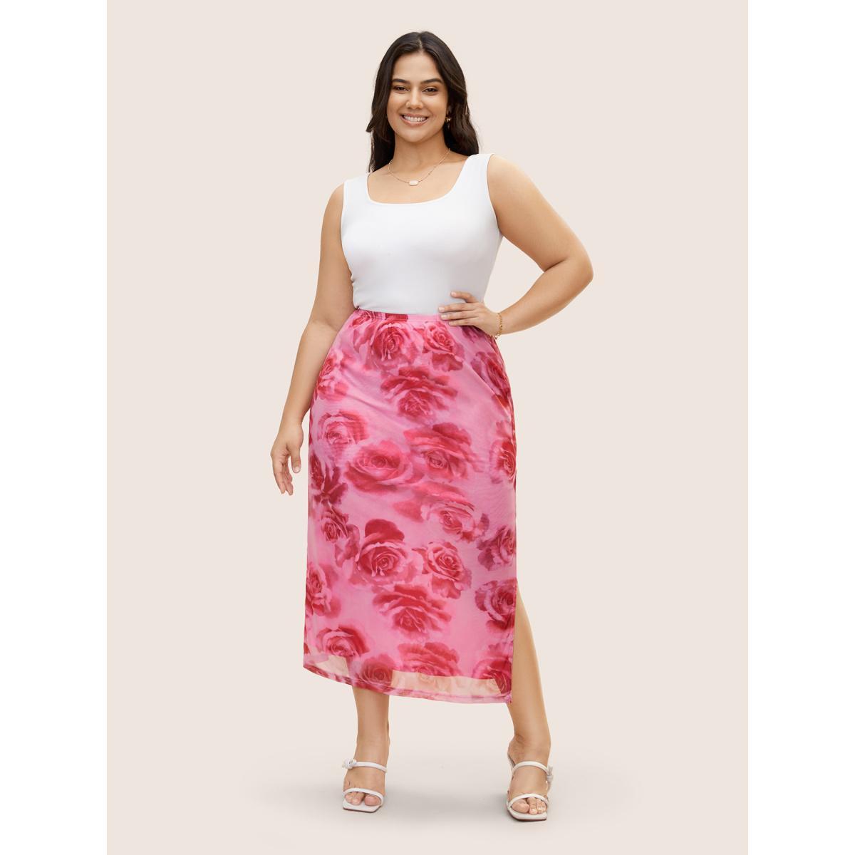Plus Size Floral Mesh Split Side Cropped Skirt Women Watermelon Elegant Non Low stretch Everyday Skirts BloomChic 22-24/3X Product Image