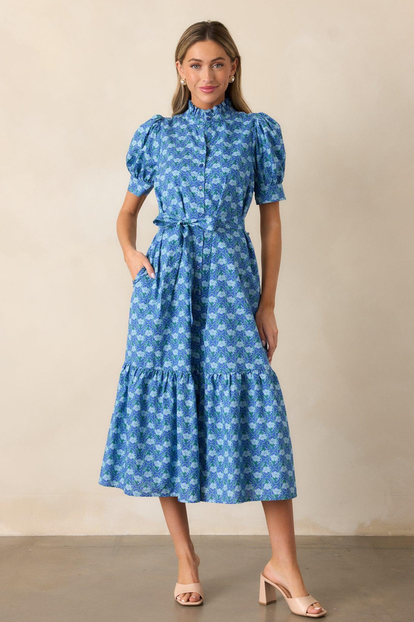 Orchid Waters Cotton Blue Floral Button Front Midi Dress Product Image