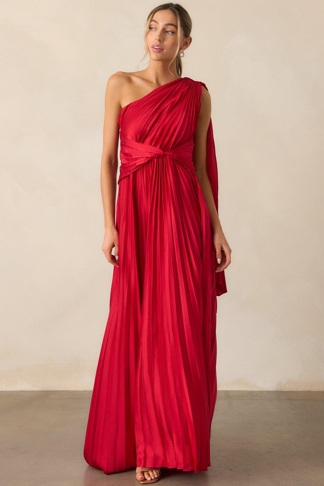 The One I Adore Red One Shoulder Pleated Maxi Dress Product Image
