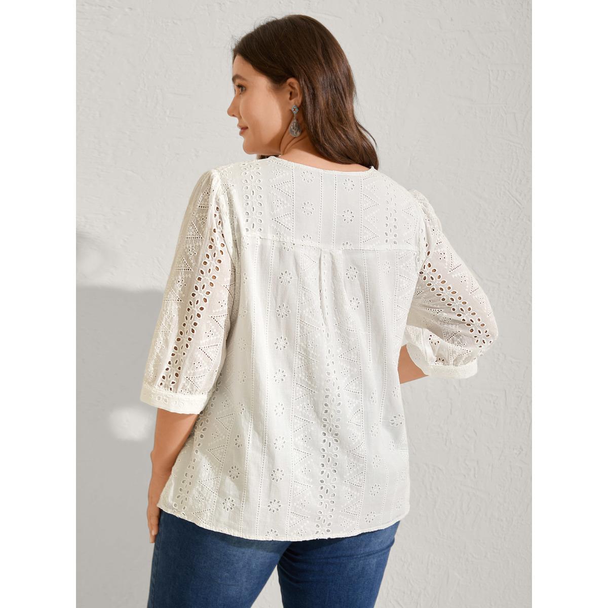 Plus Size WhiteSmoke Cotton Eyelet Embroidery V-Neck Blouse Women Elbow-length sleeve V-neck Vacation Blouses BloomChic 10/M Product Image