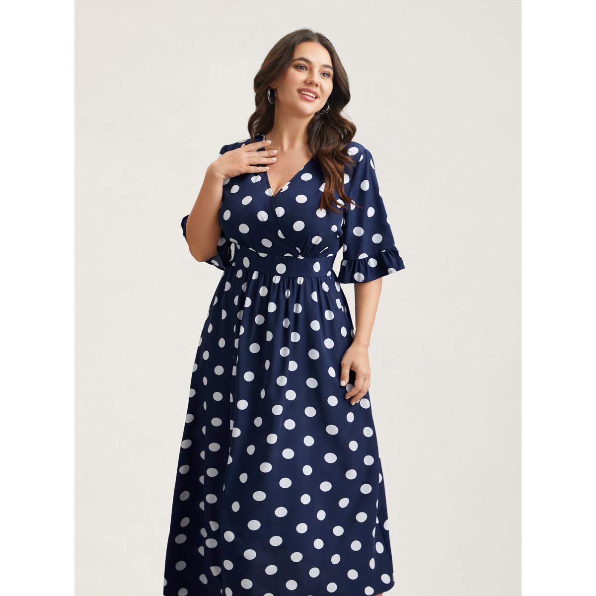 Plus Size Polka Dots Surplice Neck Waist-Cinched Dress Navy Women Elegant Ruffles Overlap Collar Elbow-length sleeve Curvy BloomChic 12/L Product Image