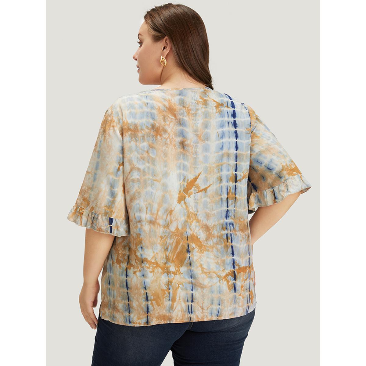 Plus Size Navy Tie Dye V Neck Flounce Sleeve Blouse Women Vacation Half Sleeve V-neck Dailywear Blouses BloomChic 28/5X Product Image