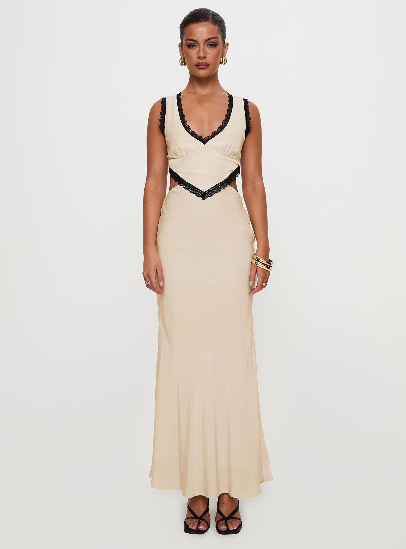 Keila Lace Trim Maxi Dress Cream / Black Product Image