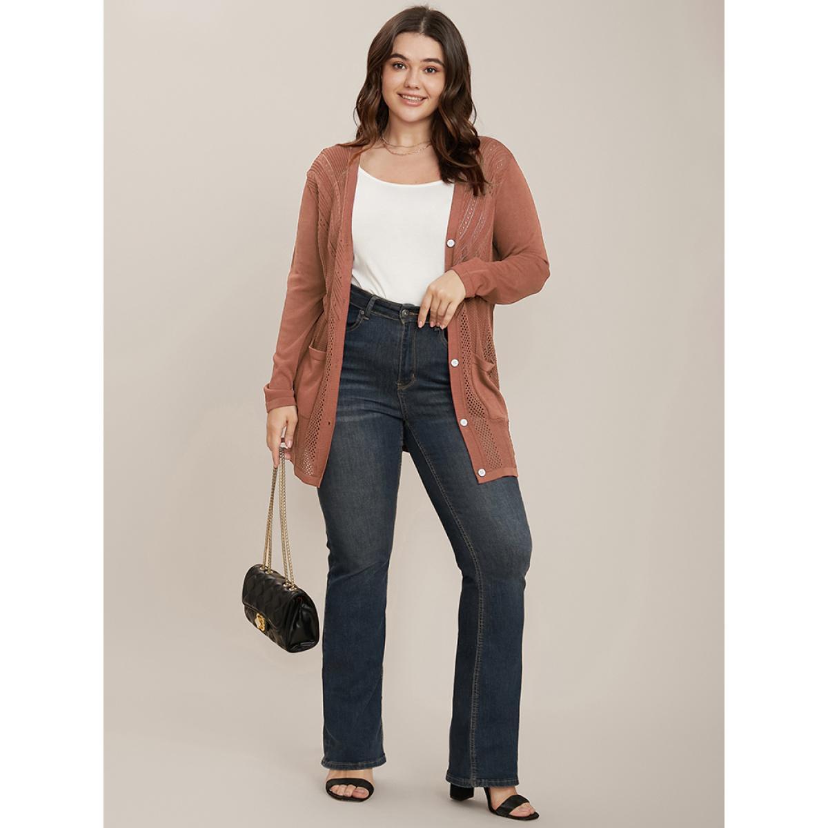 Plus Size Plain Ice Rayon Yarn Eyelet Pocket Button Front Cardigan Russet Women Casual Long Sleeve Dailywear Cardigans BloomChic 10/M Product Image