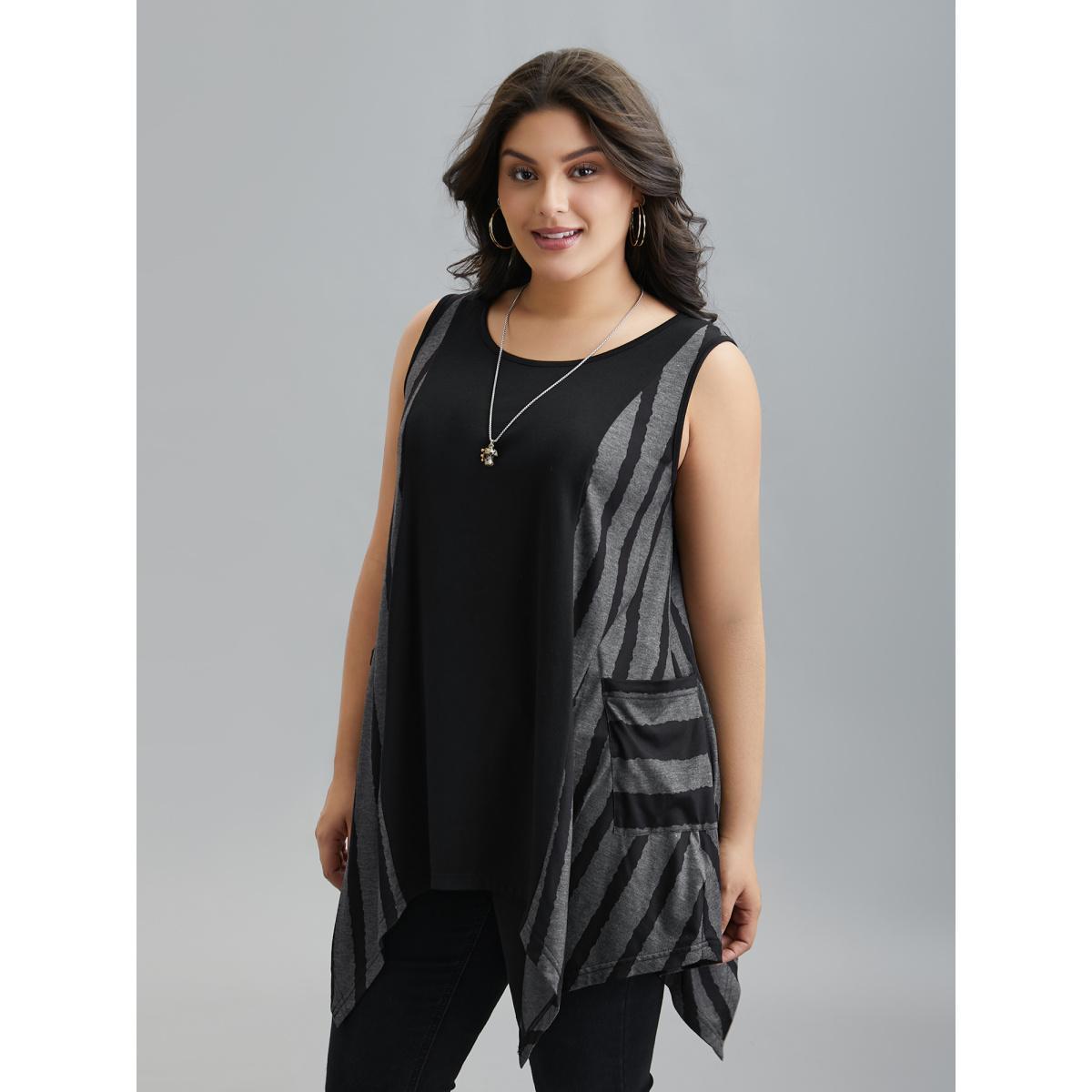 Plus Size Striped Spliced Pockets Hi-Low Hem Vest Women Black Casual Contrast Round Neck Everyday Tank Tops Camis BloomChic 22-24/3X Product Image