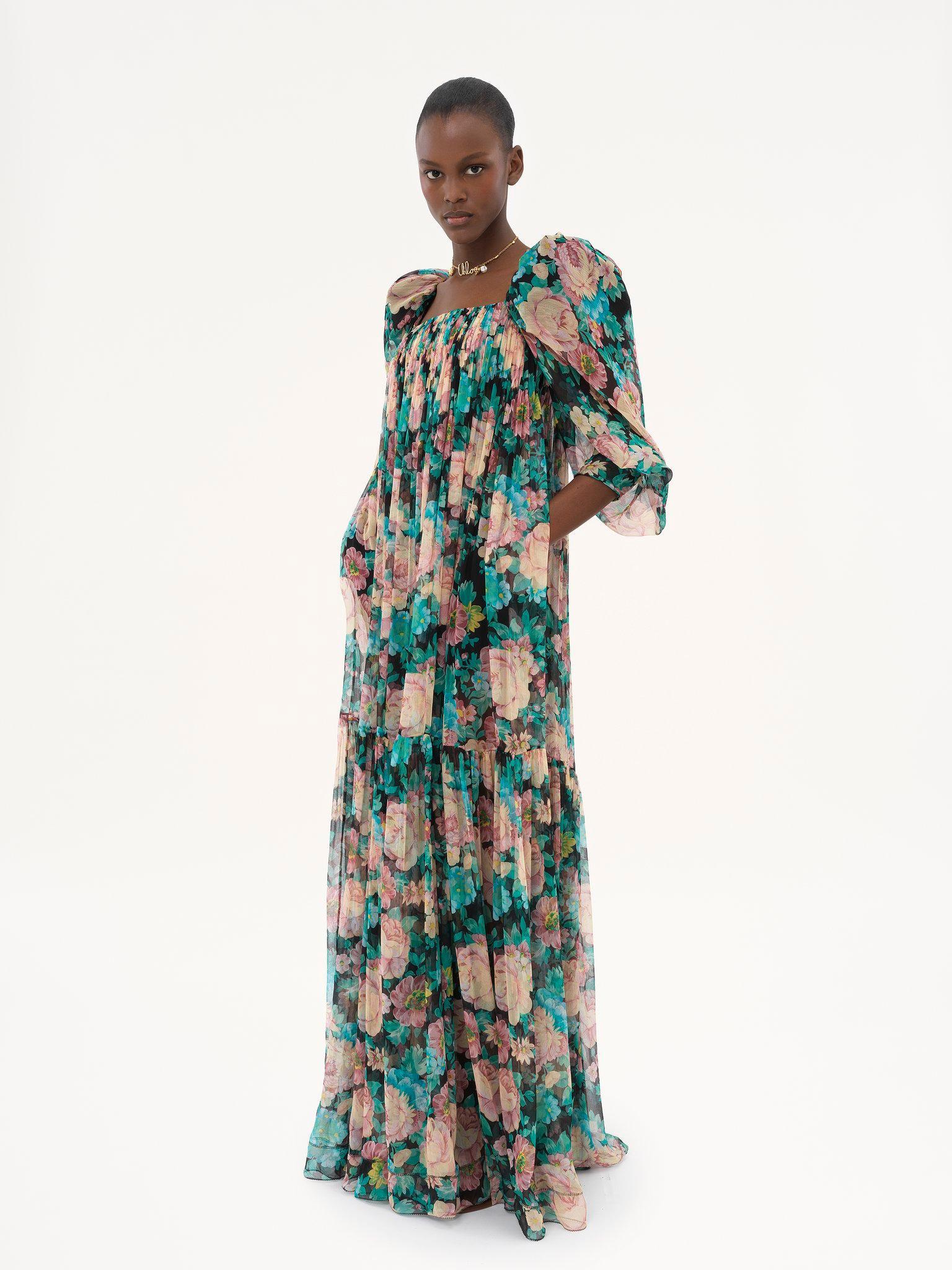 Puff-sleeve long dress in silk mousseline Product Image