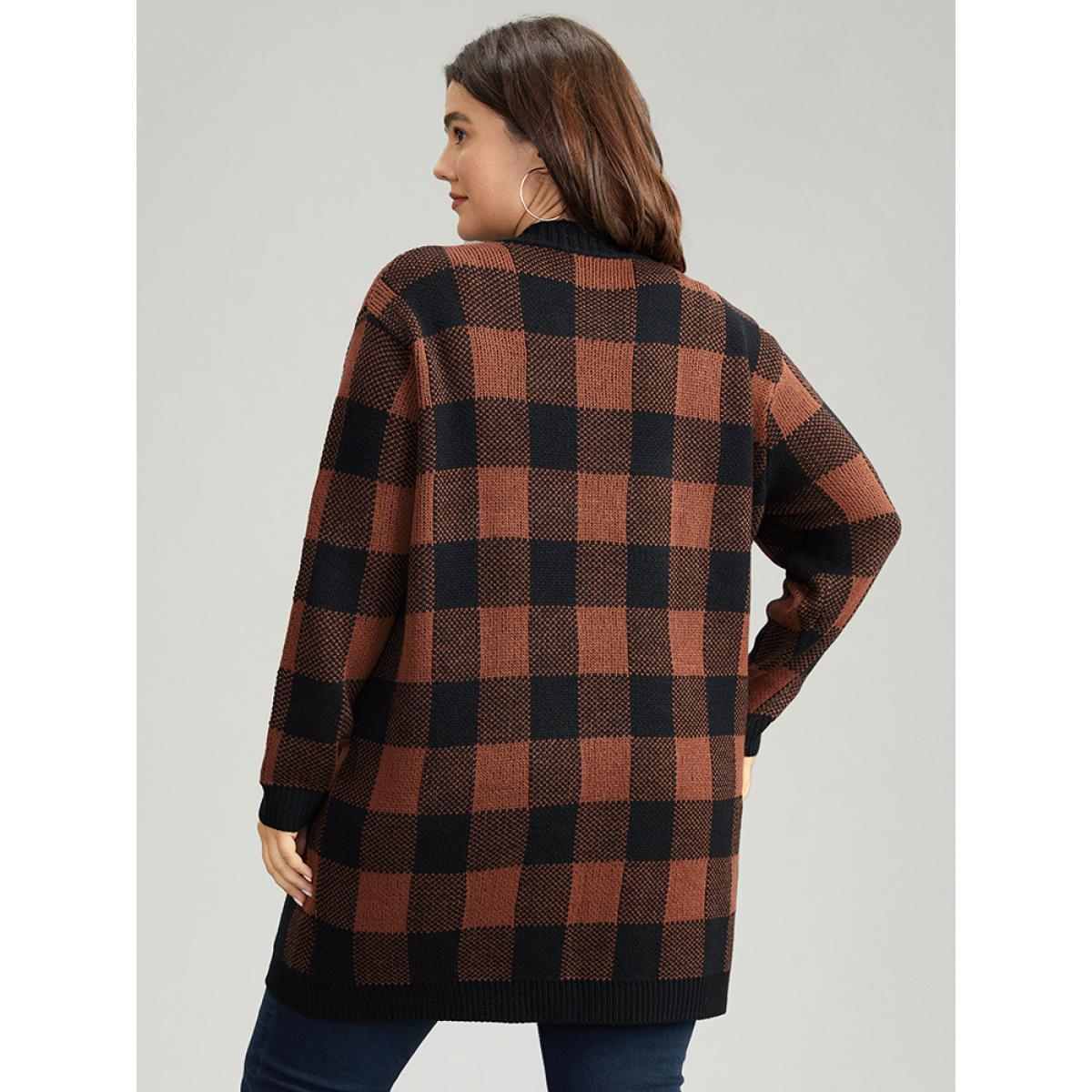 Plus Size Plaid Patched Pocket Loose Cardigan Chocolate Women Casual Loose Long Sleeve Everyday Cardigans BloomChic 14-16/1X Product Image